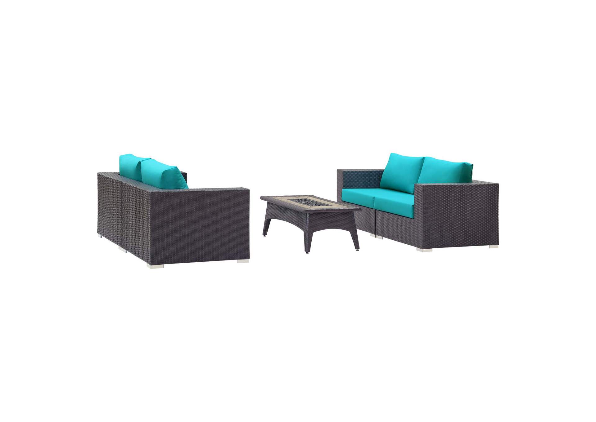 Espresso Turquoise Convene 5 Piece Set Outdoor Patio with Fire Pit,Modway