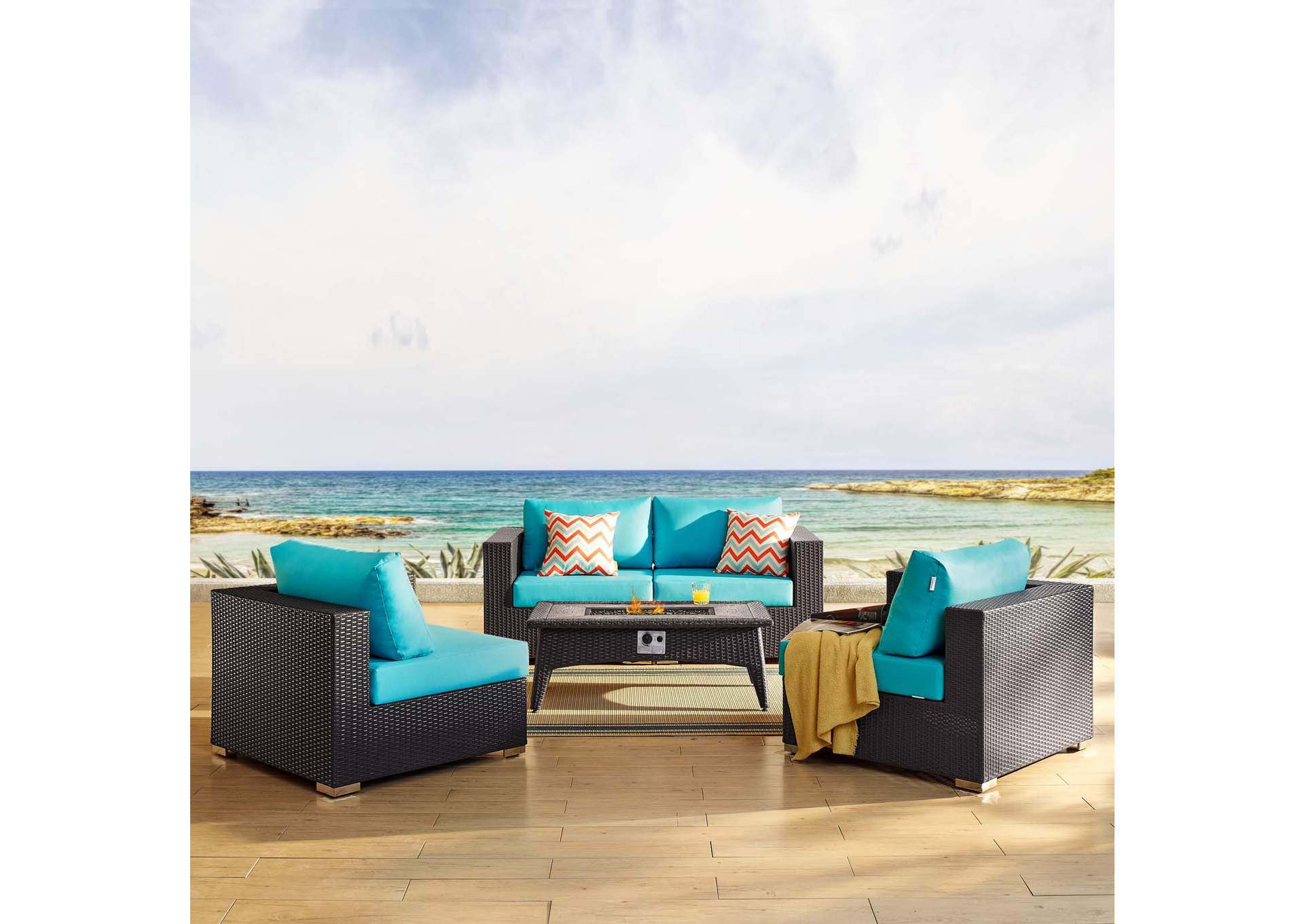 Espresso Turquoise Convene 5 Piece Set Outdoor Patio with Fire Pit,Modway