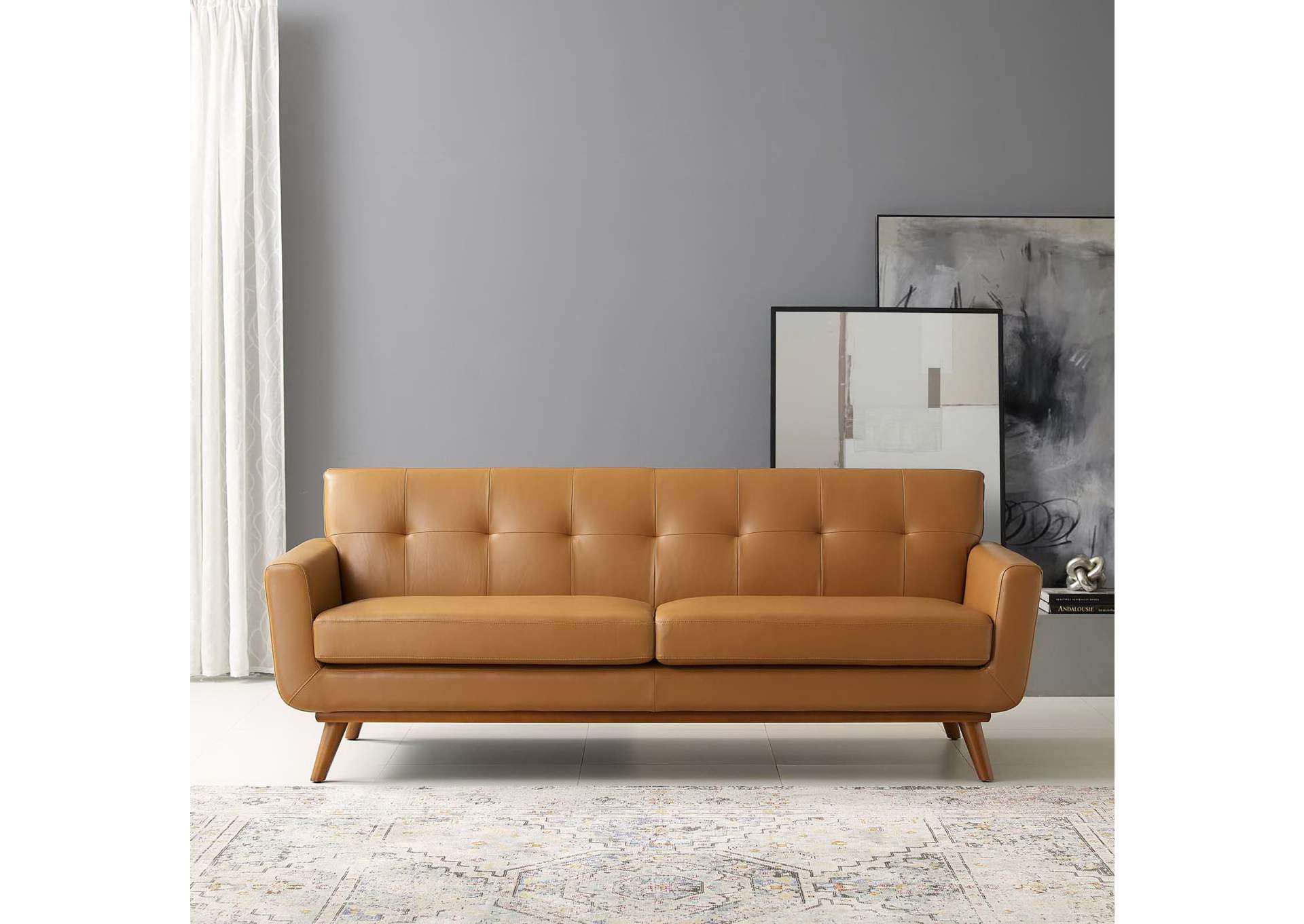 Tan Engage Top-Grain Leather Living Room Lounge Sofa,Modway