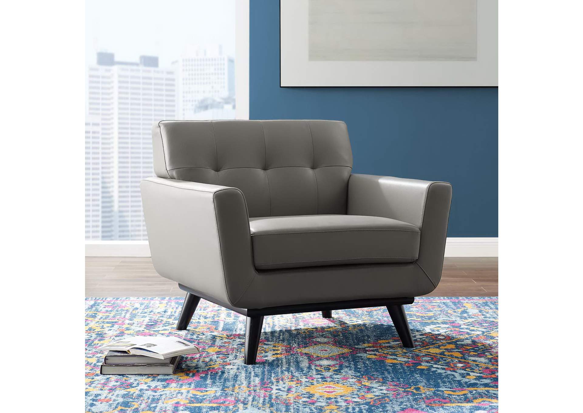 Gray Engage Top-Grain Leather Living Room Lounge Accent Armchair,Modway