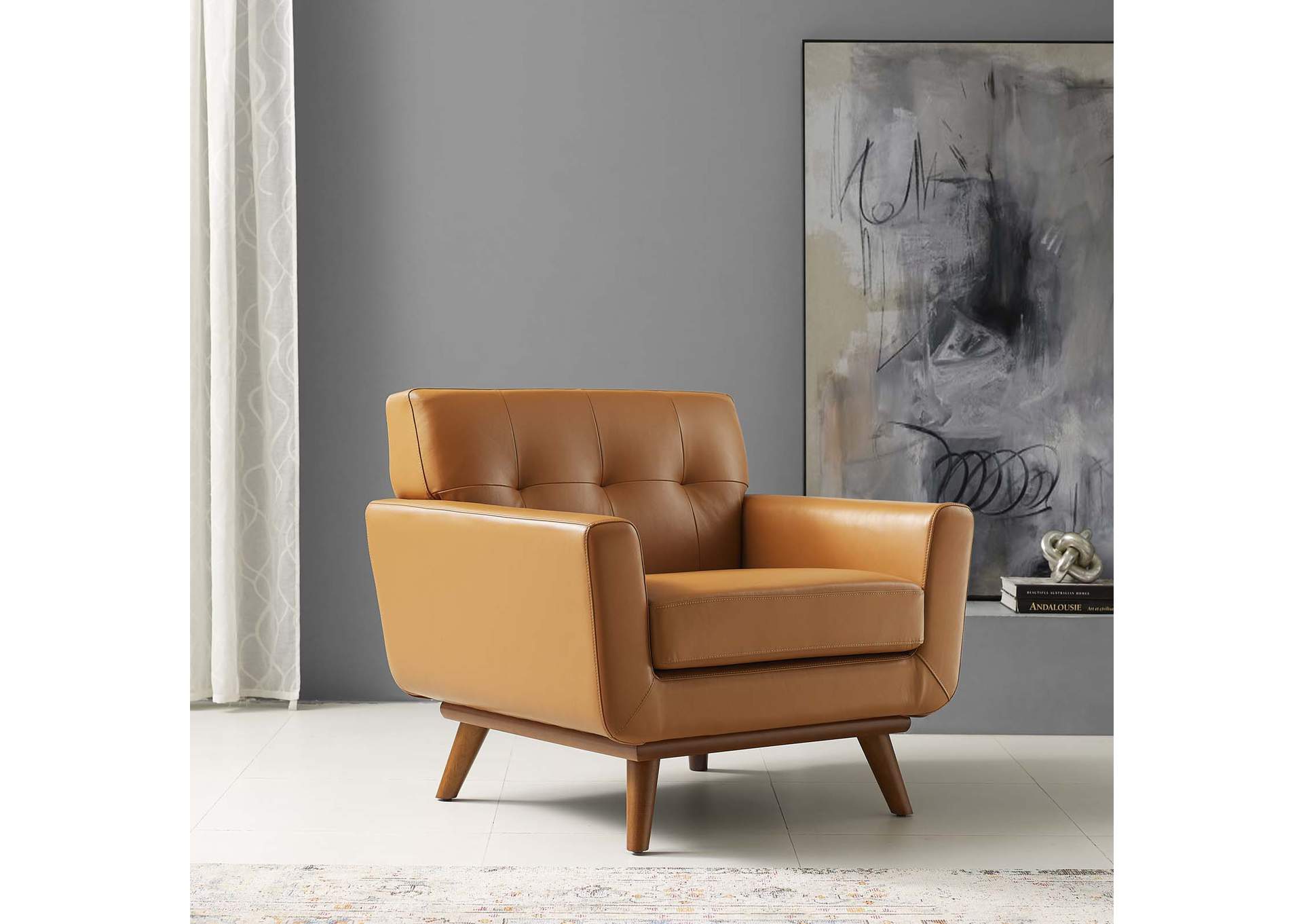 Tan Engage Top-Grain Leather Living Room Lounge Accent Armchair,Modway