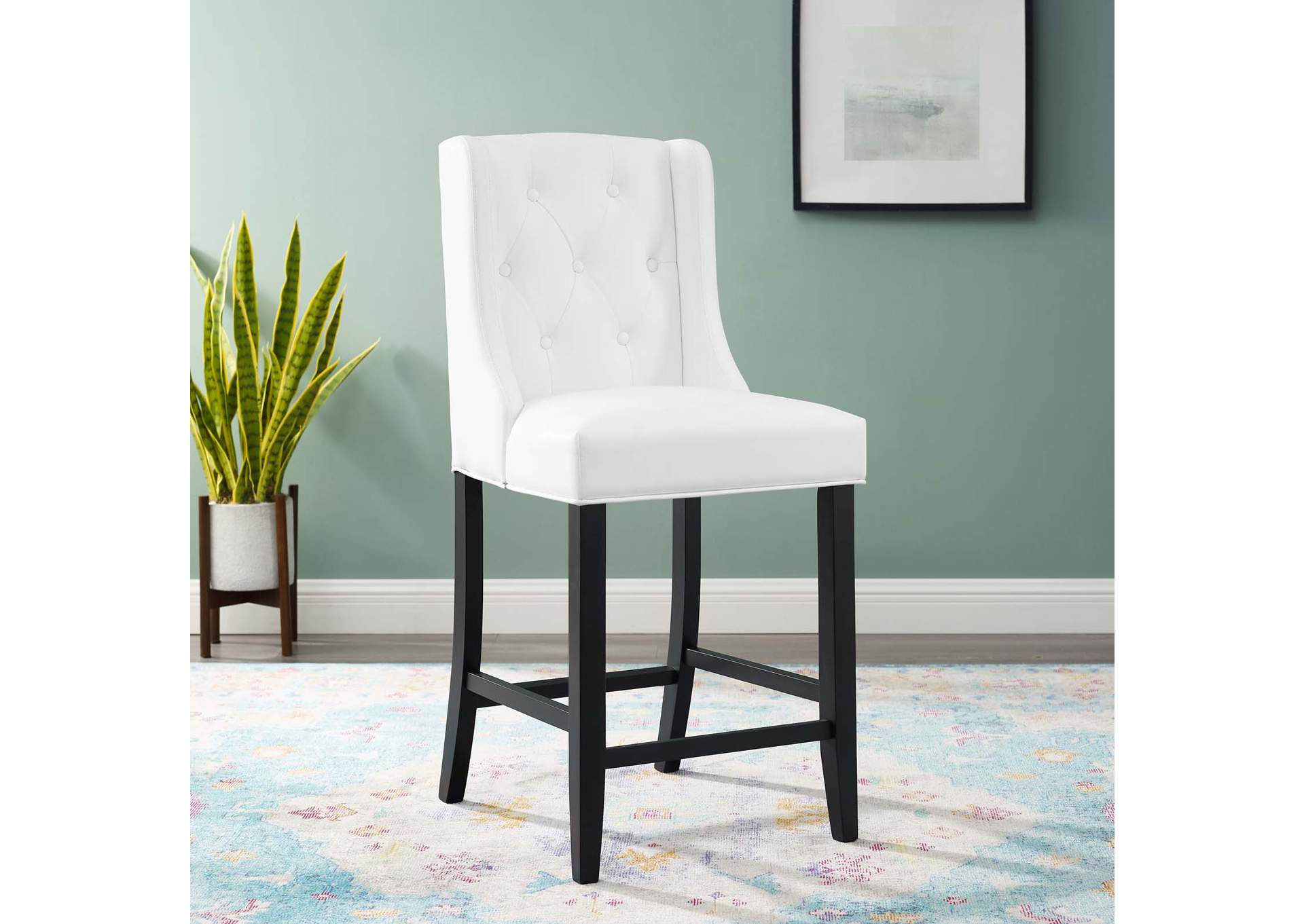 White Baronet Tufted Button Faux Leather Counter Stool,Modway