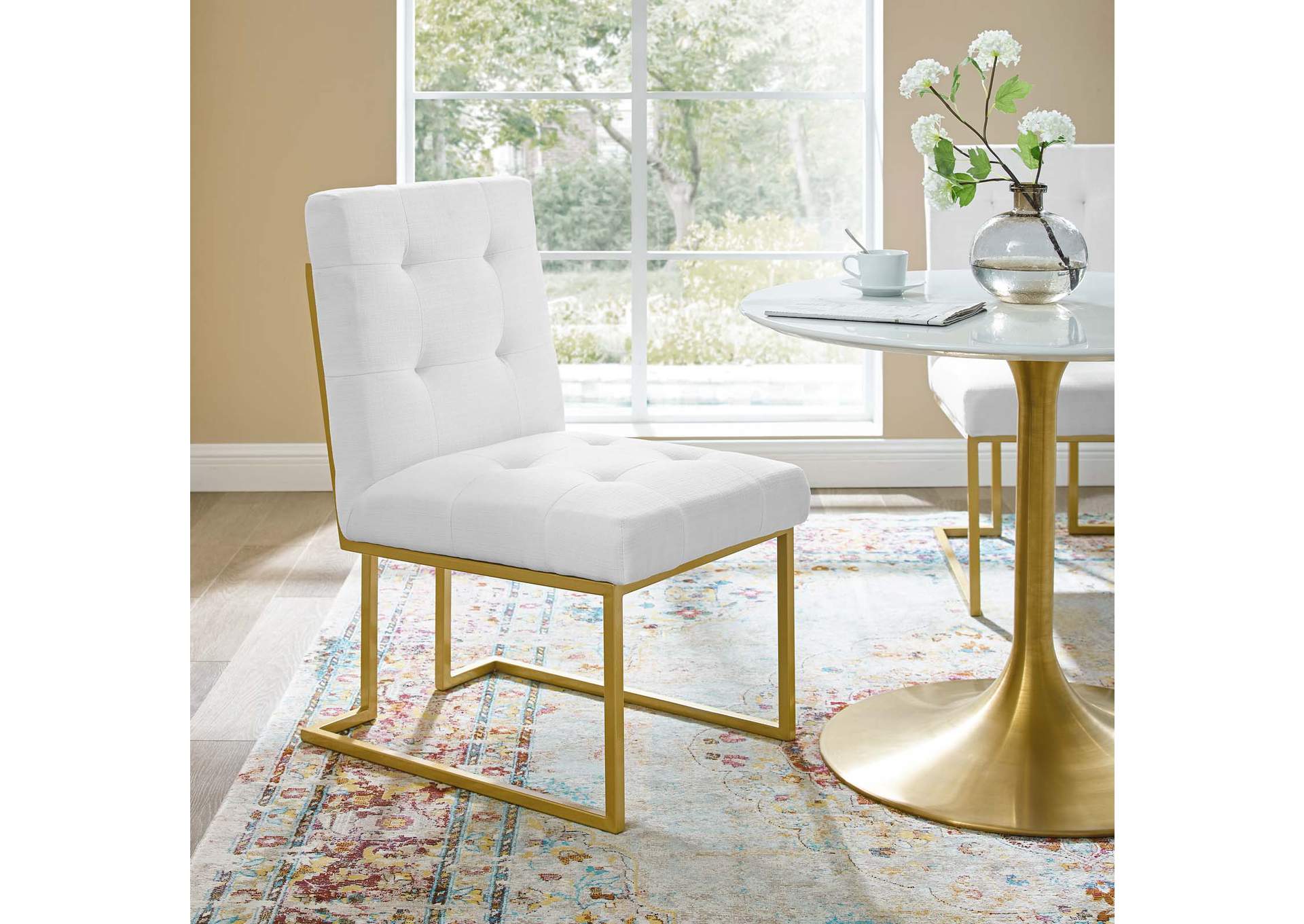 Gold White Privy Gold Stainless Steel Upholstered Fabric Dining Accent Chair,Modway