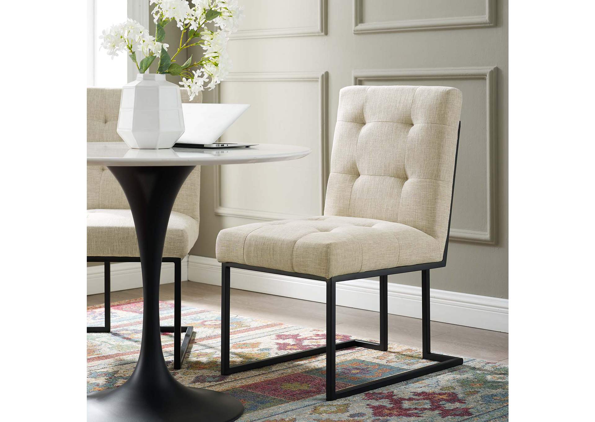 Black Beige Privy Black Stainless Steel Upholstered Fabric Dining Chair,Modway