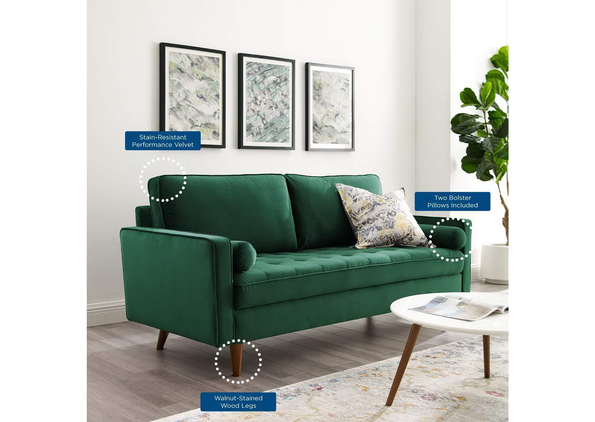 Green Valour Performance Velvet Sofa,Modway