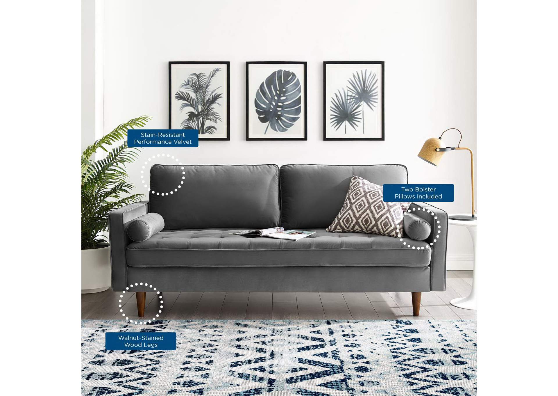 Valour Gray Performance Velvet Sofa,Modway