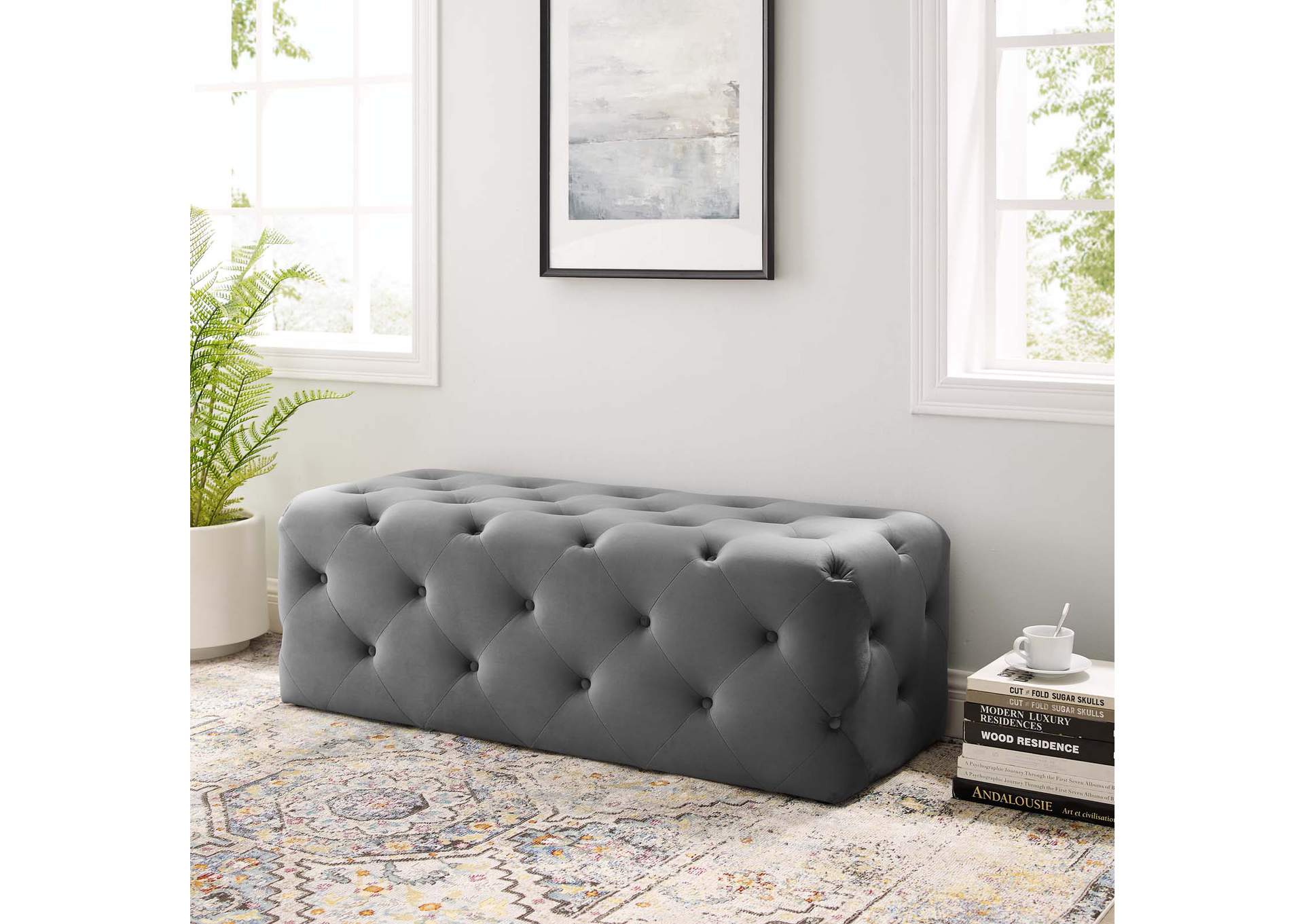 Gray Amour 48" Tufted Button Entryway Performance Velvet Bench,Modway