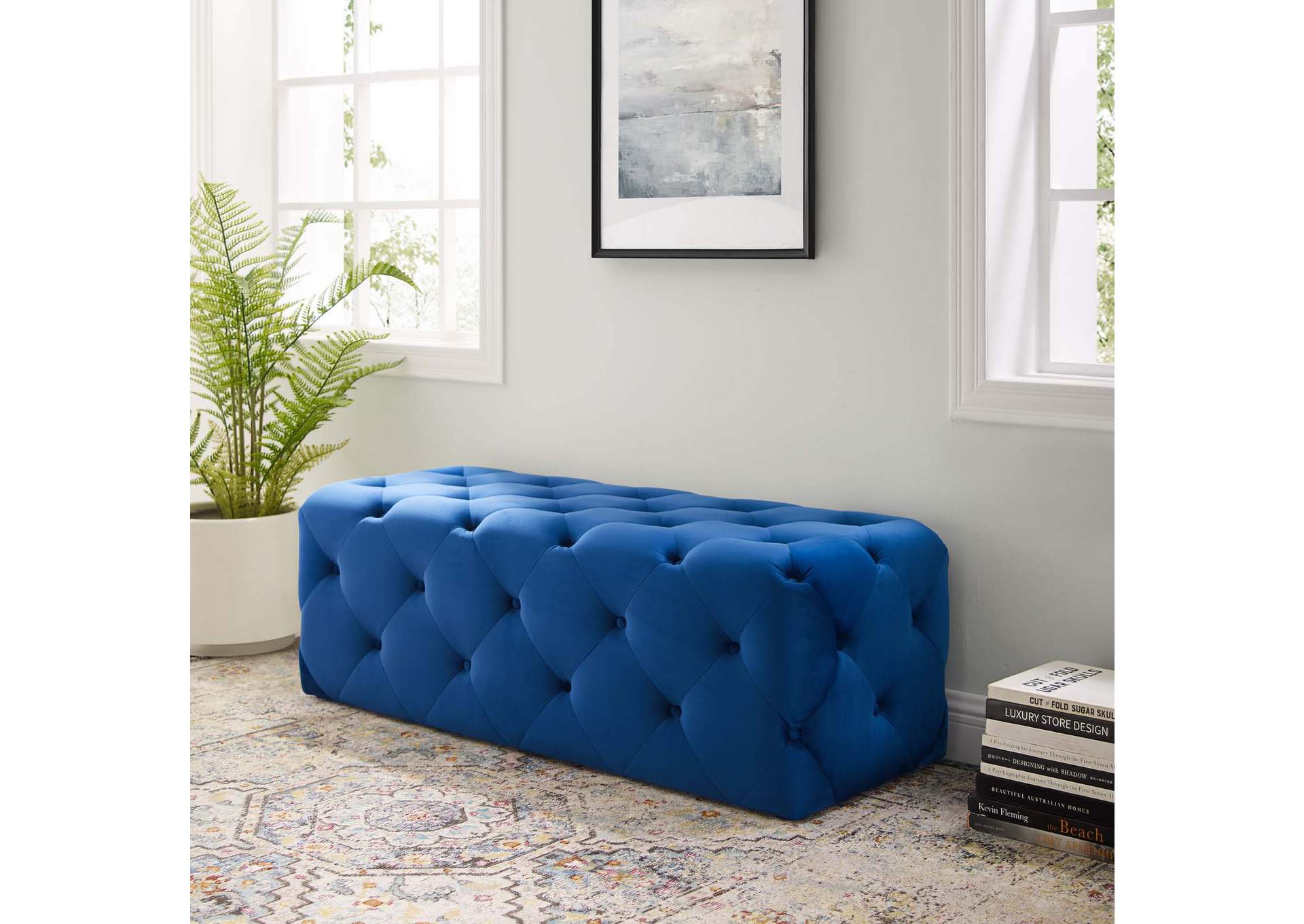 Navy Amour 48" Tufted Button Entryway Performance Velvet Bench,Modway