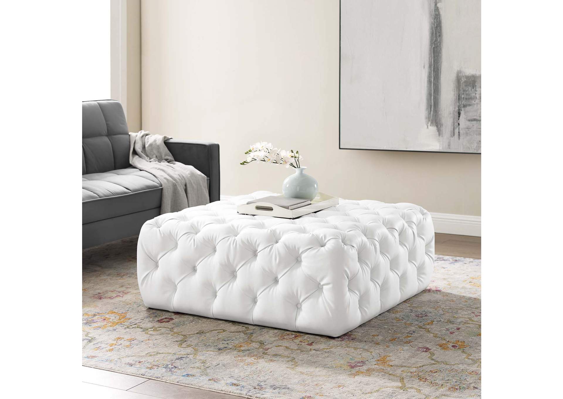 White Amour Tufted Button Large Square Faux Leather Ottoman,Modway