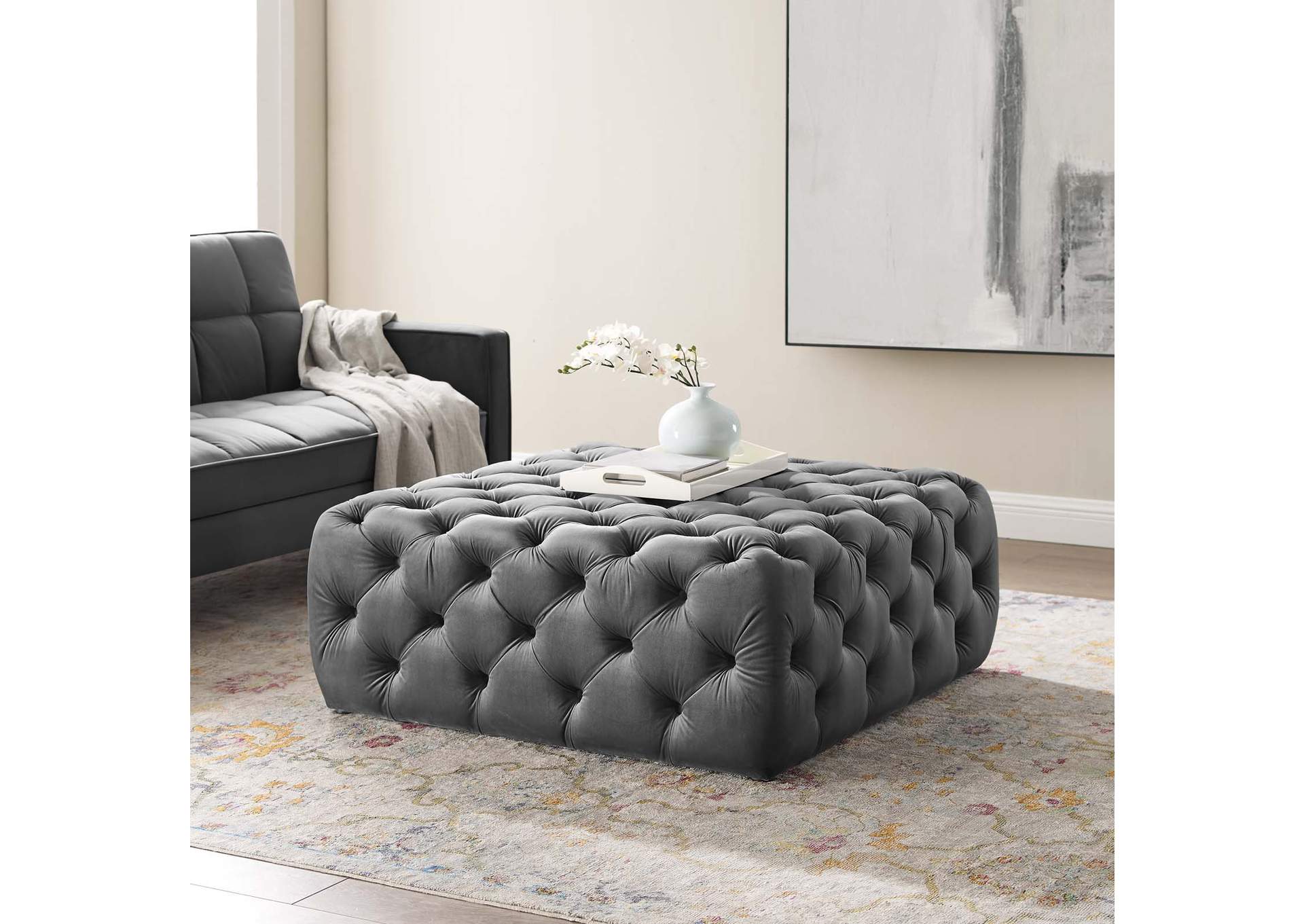 Gray Amour Tufted Button Large Square Performance Velvet Ottoman,Modway