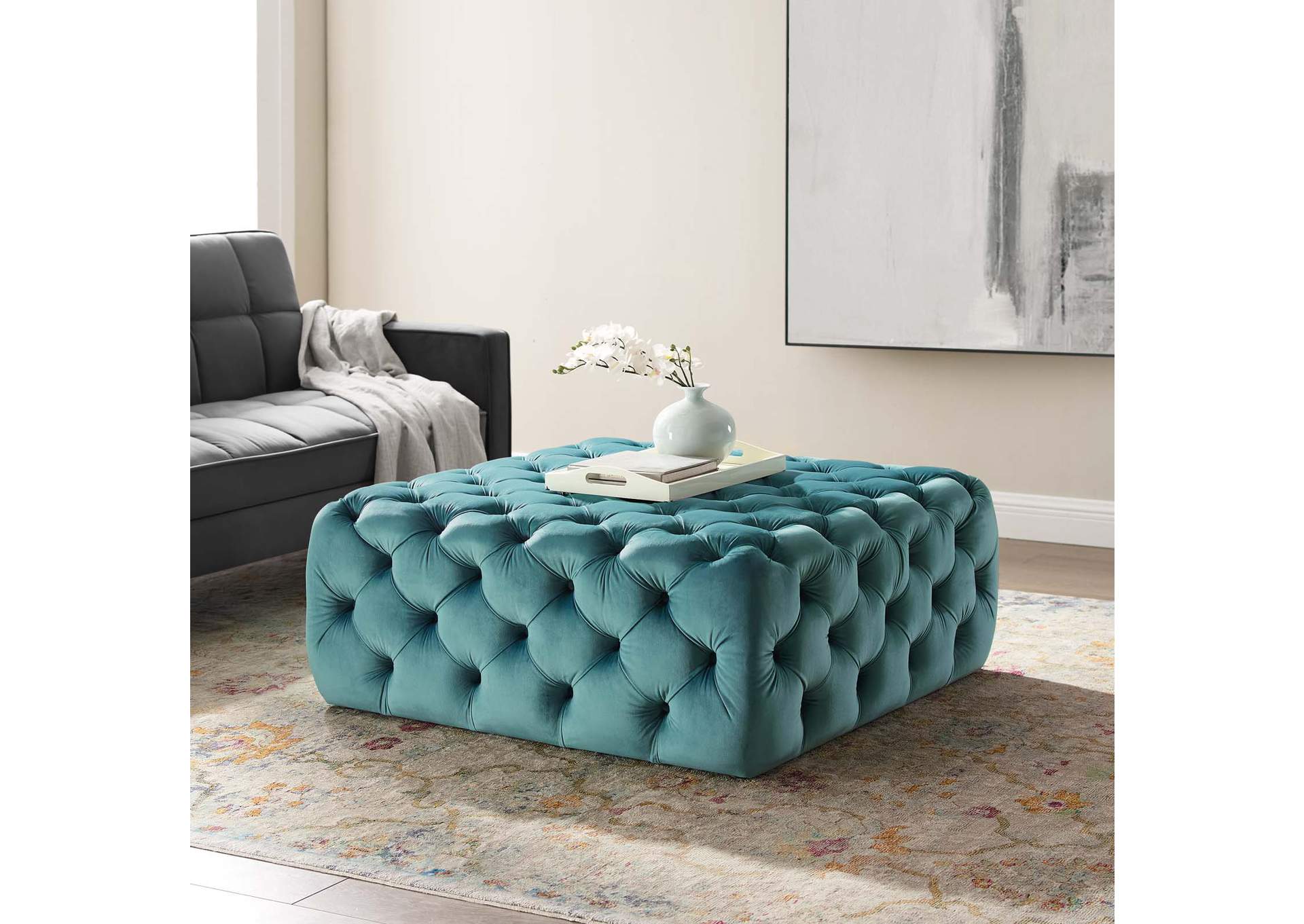 Sea Blue Amour Tufted Button Large Square Performance Velvet Ottoman,Modway