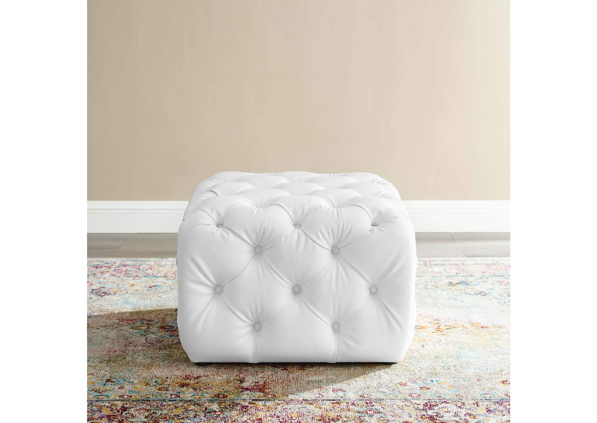 White Amour Tufted Button Square Faux Leather Ottoman,Modway