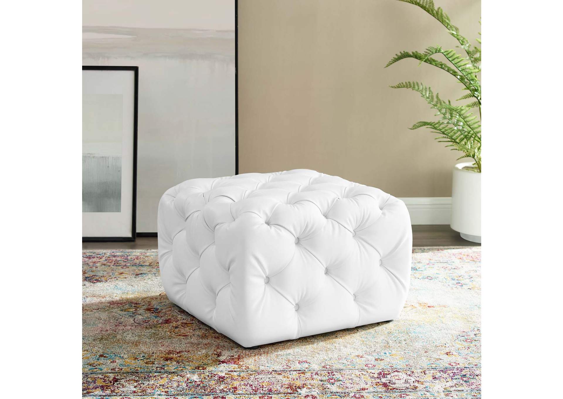 White Amour Tufted Button Square Faux Leather Ottoman,Modway