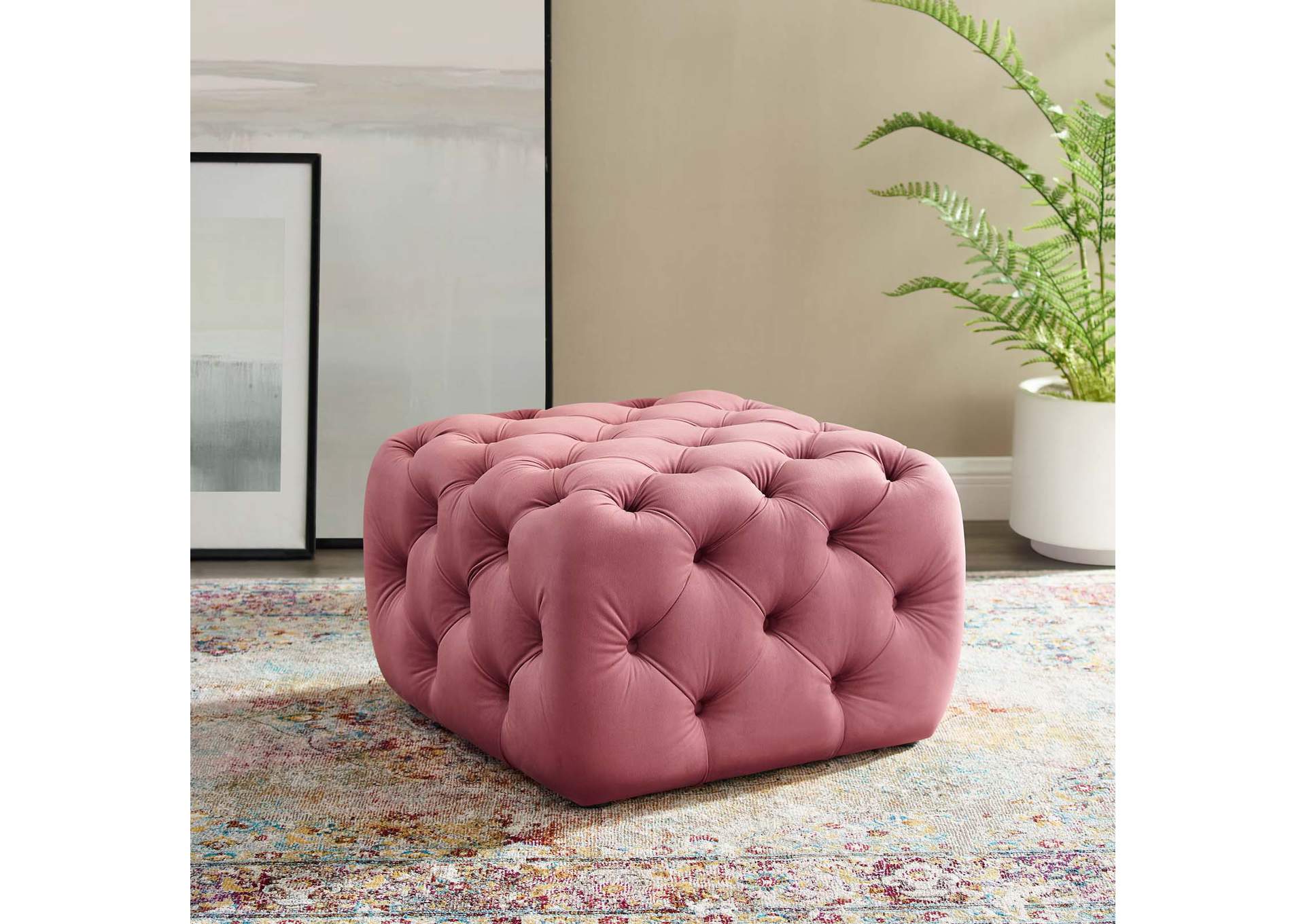 Dusty Rose Amour Tufted Button Square Performance Velvet Ottoman,Modway