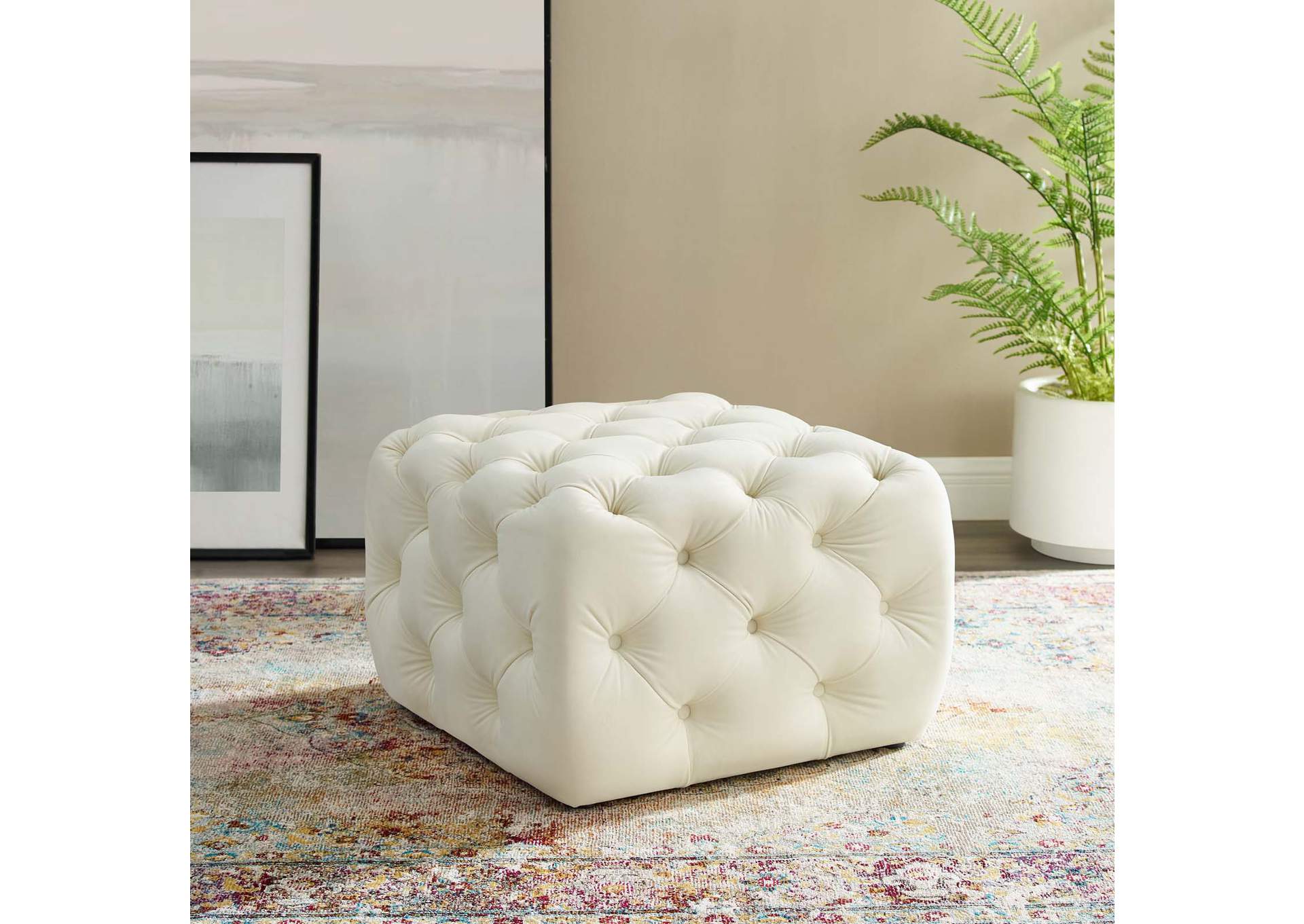 Ivory Amour Tufted Button Square Performance Velvet Ottoman,Modway