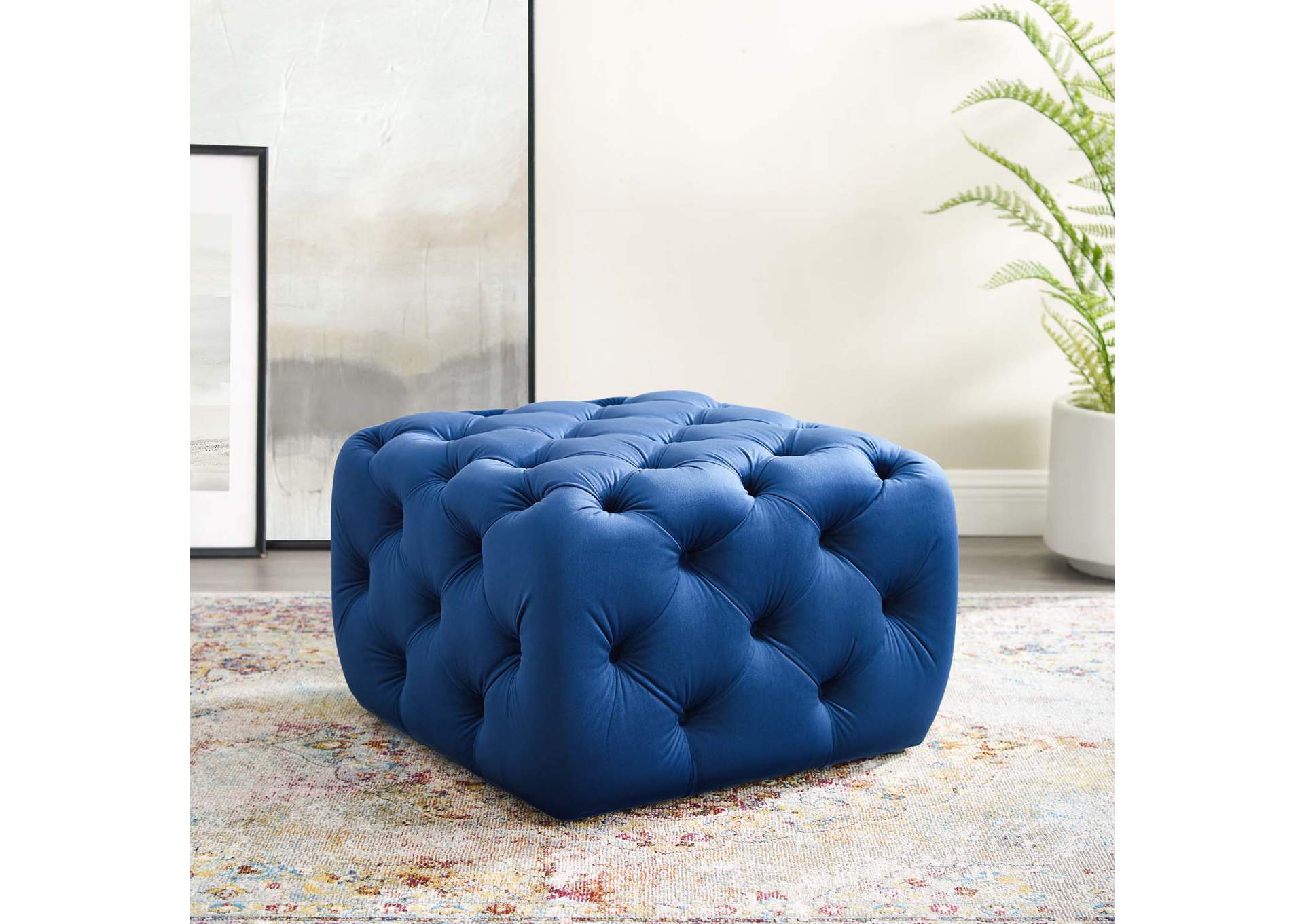 Navy Amour Tufted Button Square Performance Velvet Ottoman,Modway