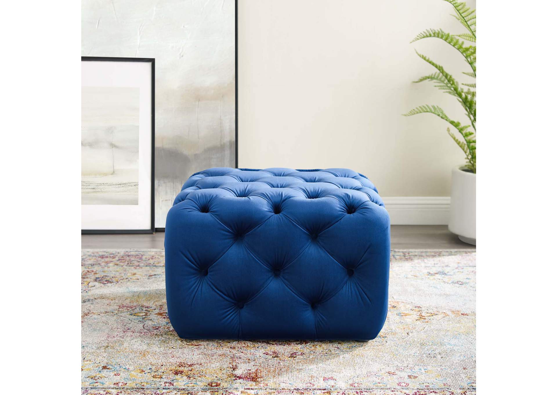 Navy Amour Tufted Button Square Performance Velvet Ottoman,Modway