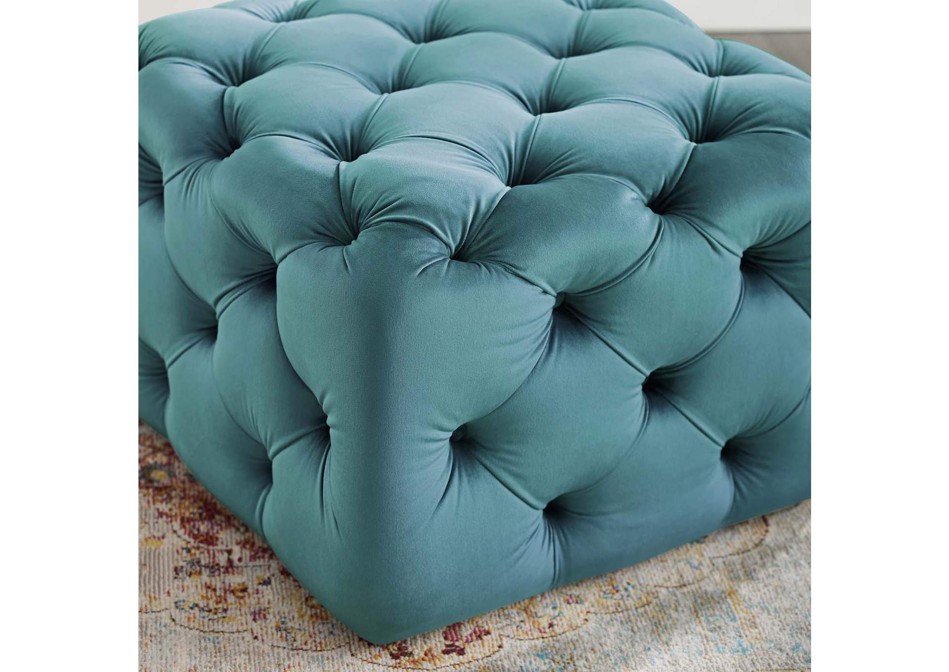 Sea Blue Amour Tufted Button Square Performance Velvet Ottoman,Modway