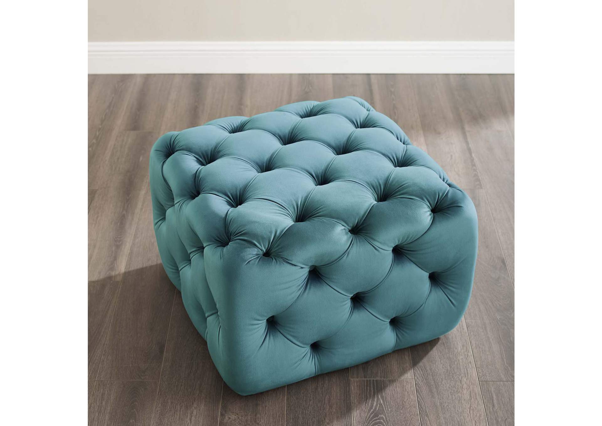 Sea Blue Amour Tufted Button Square Performance Velvet Ottoman,Modway