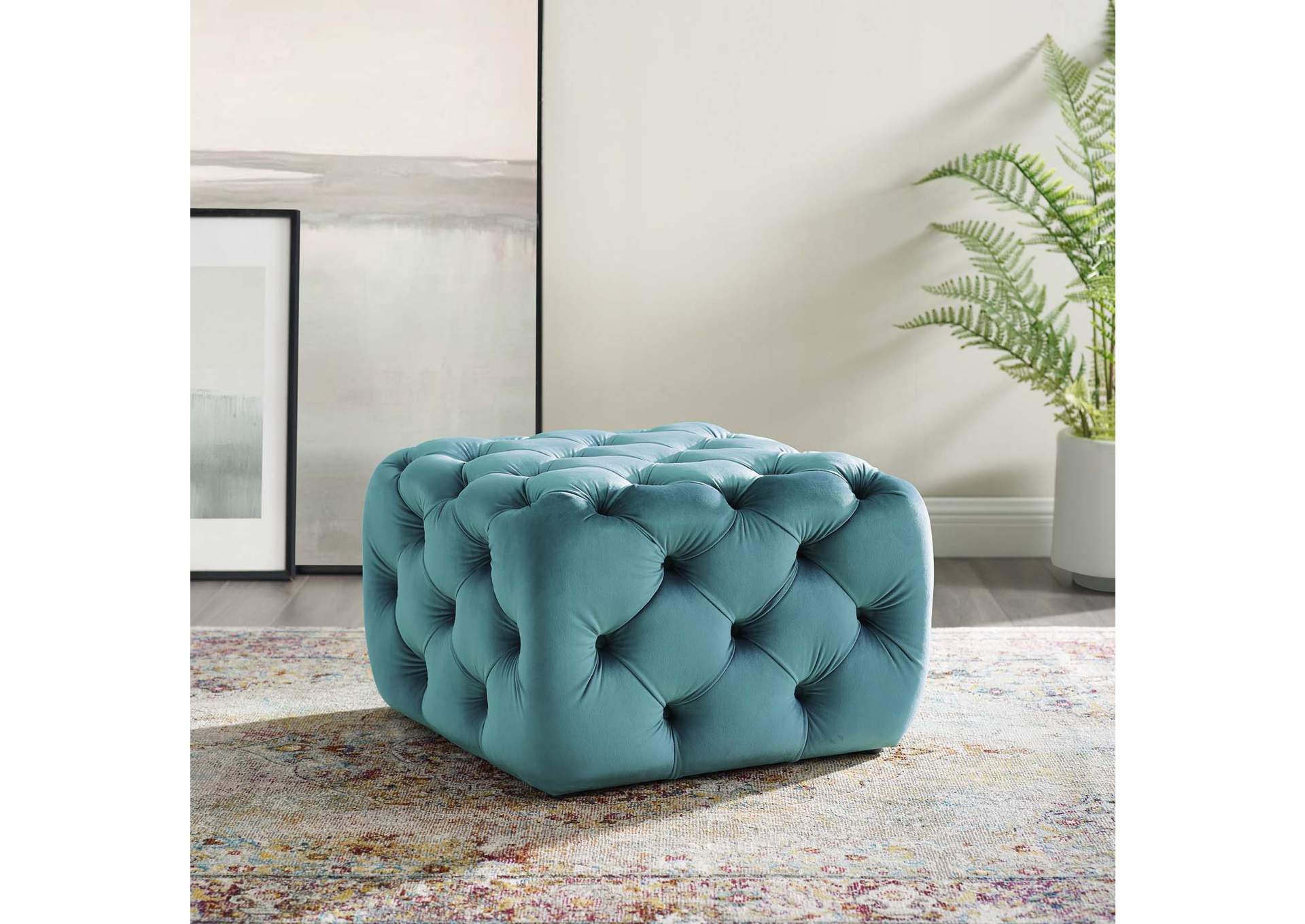 Sea Blue Amour Tufted Button Square Performance Velvet Ottoman,Modway