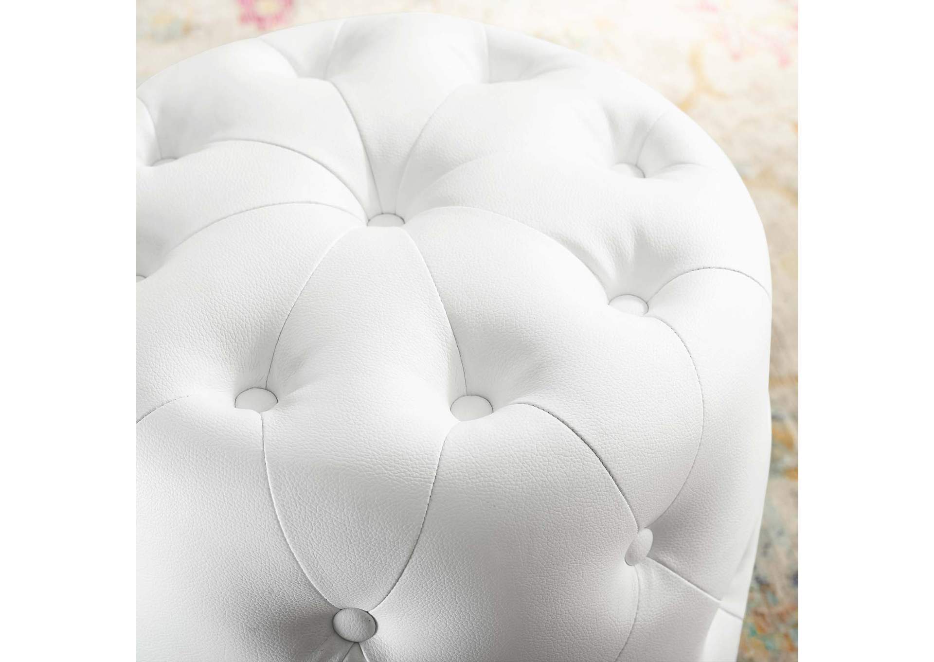 White Amour Tufted Button Round Faux Leather Ottoman,Modway