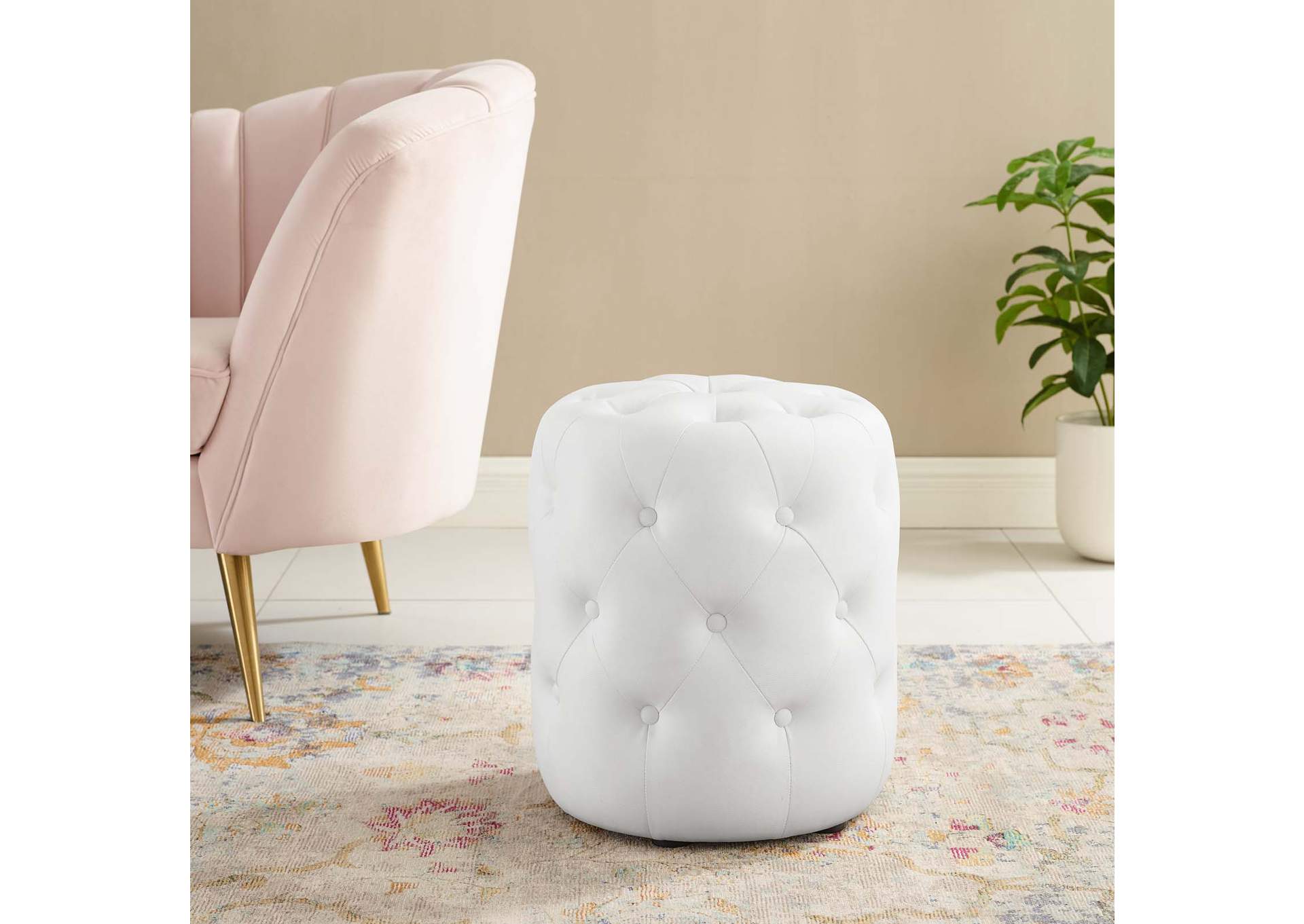 White Amour Tufted Button Round Faux Leather Ottoman,Modway