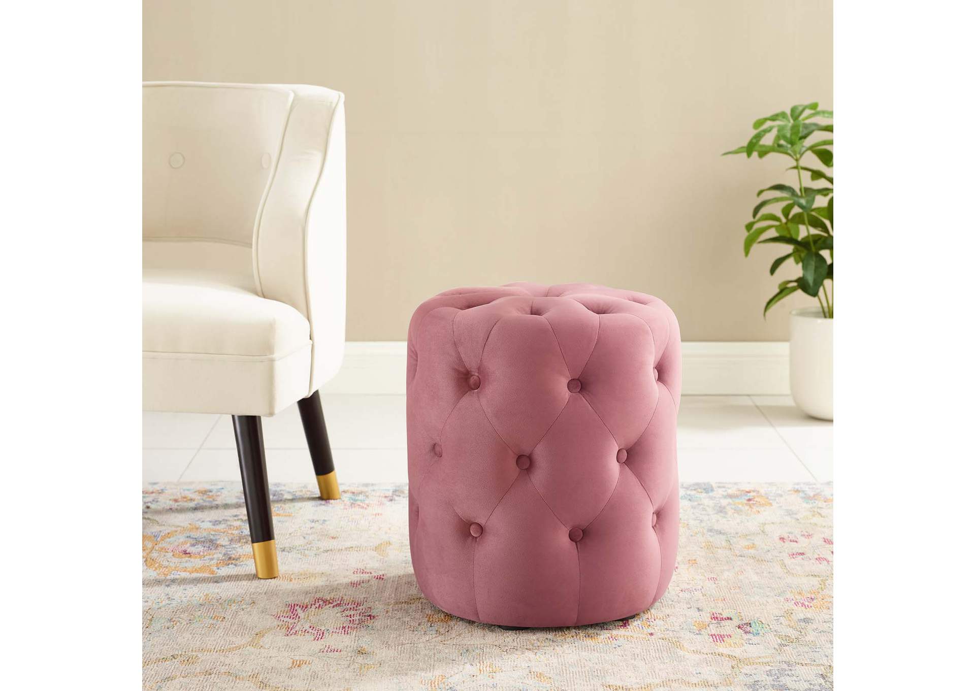 Dusty Rose Amour Tufted Button Round Performance Velvet Ottoman,Modway