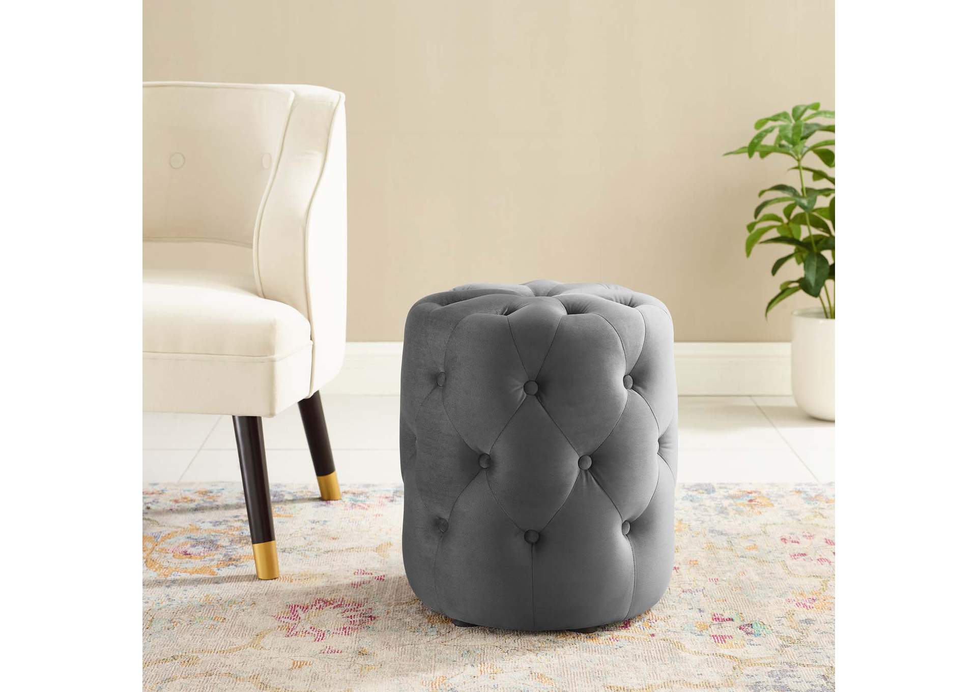 Gray Amour Tufted Button Round Performance Velvet Ottoman,Modway