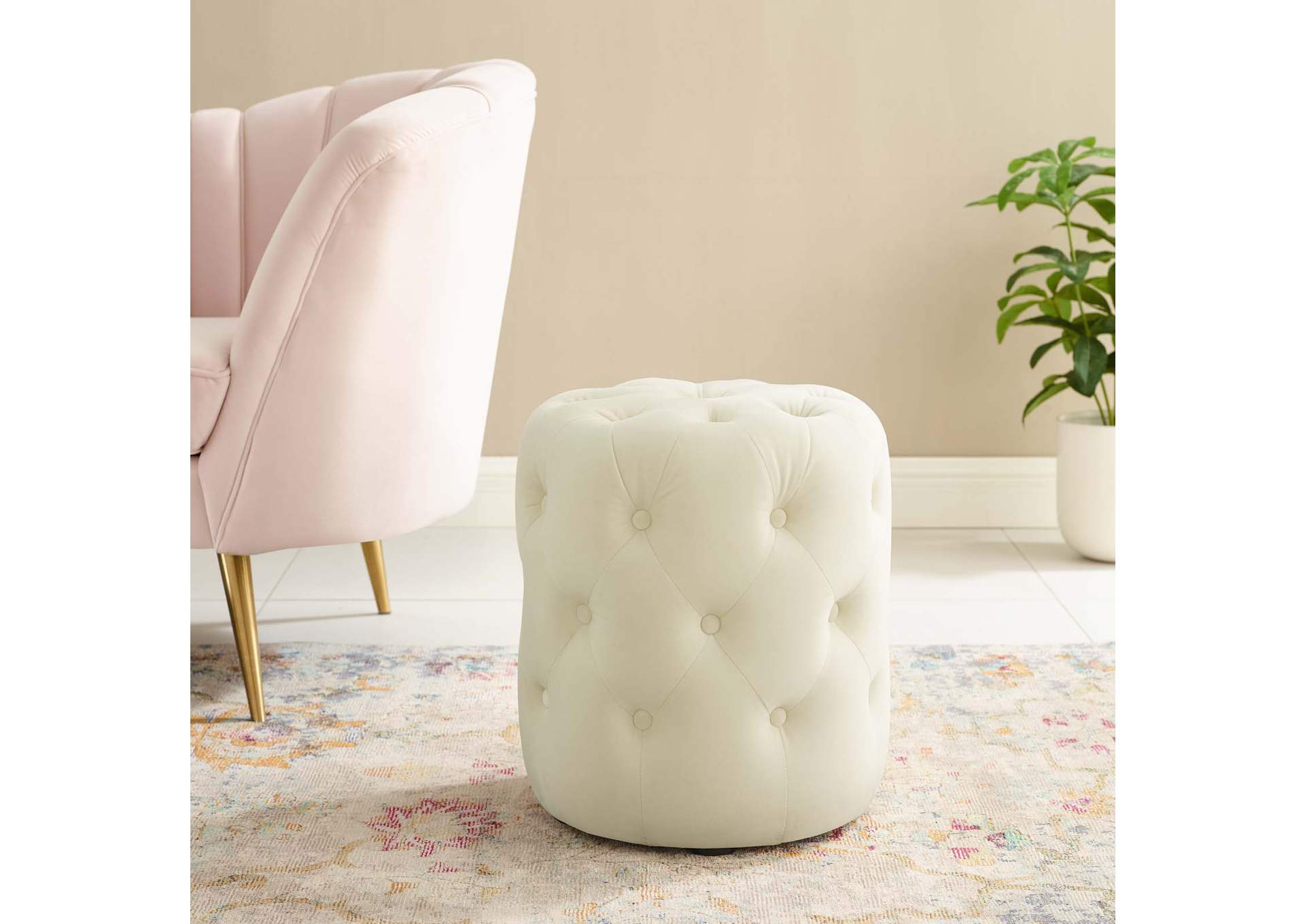 Ivory Amour Tufted Button Round Performance Velvet Ottoman,Modway