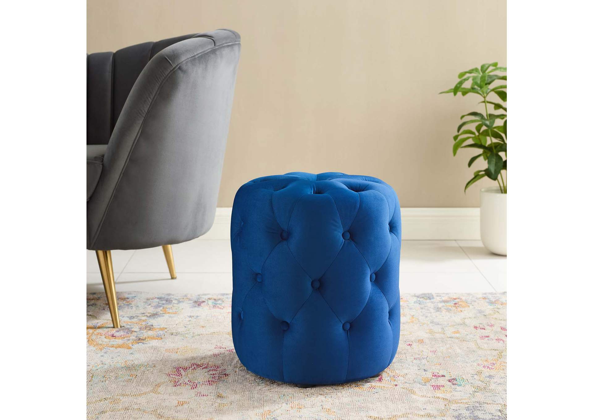 Navy Amour Tufted Button Round Performance Velvet Ottoman,Modway