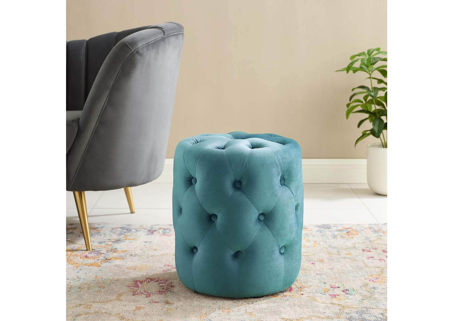 Sea Blue Amour Tufted Button Round Performance Velvet Ottoman,Modway