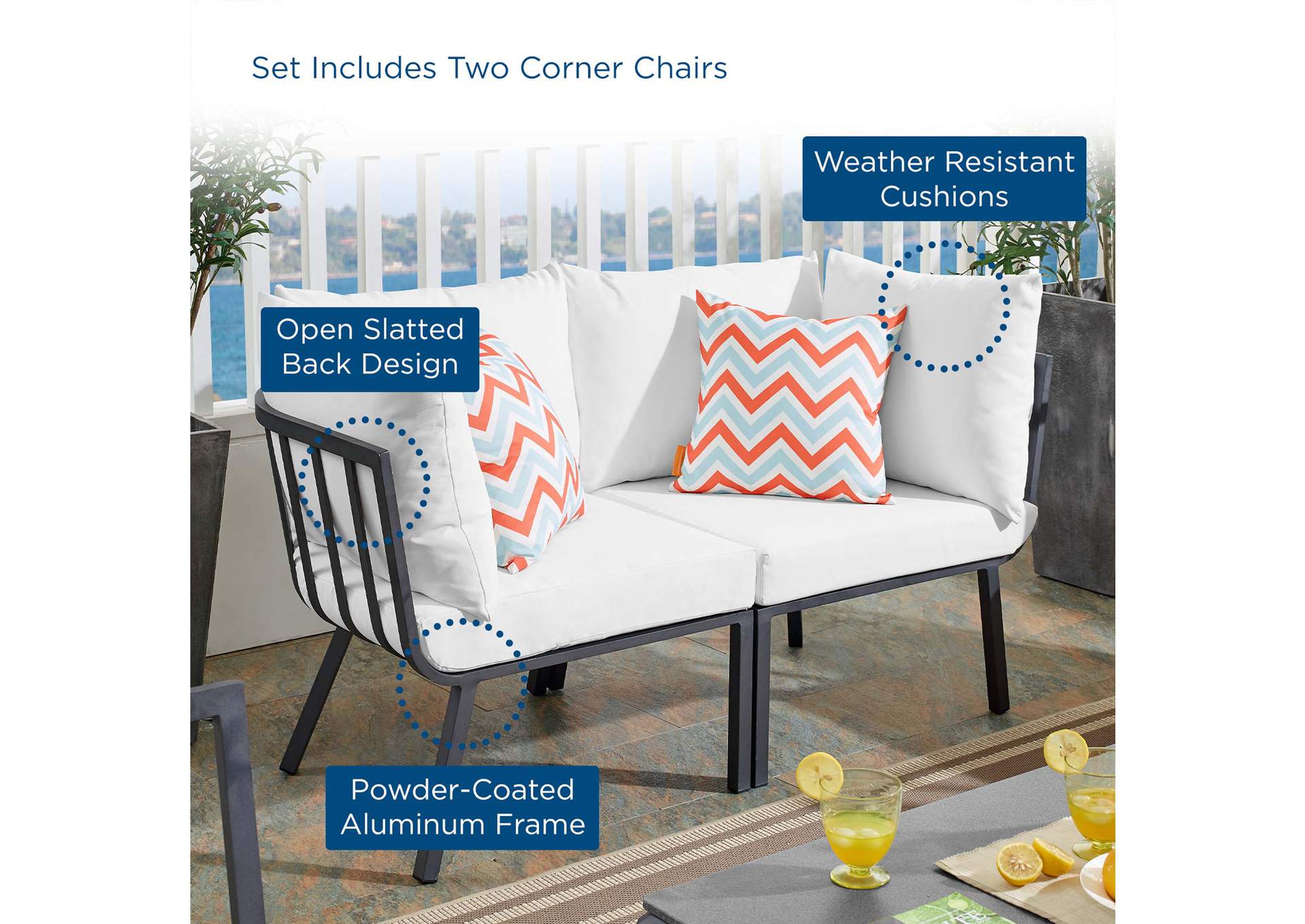 Gray White Riverside 2 Piece Outdoor Patio Aluminum Sectional Sofa Set,Modway