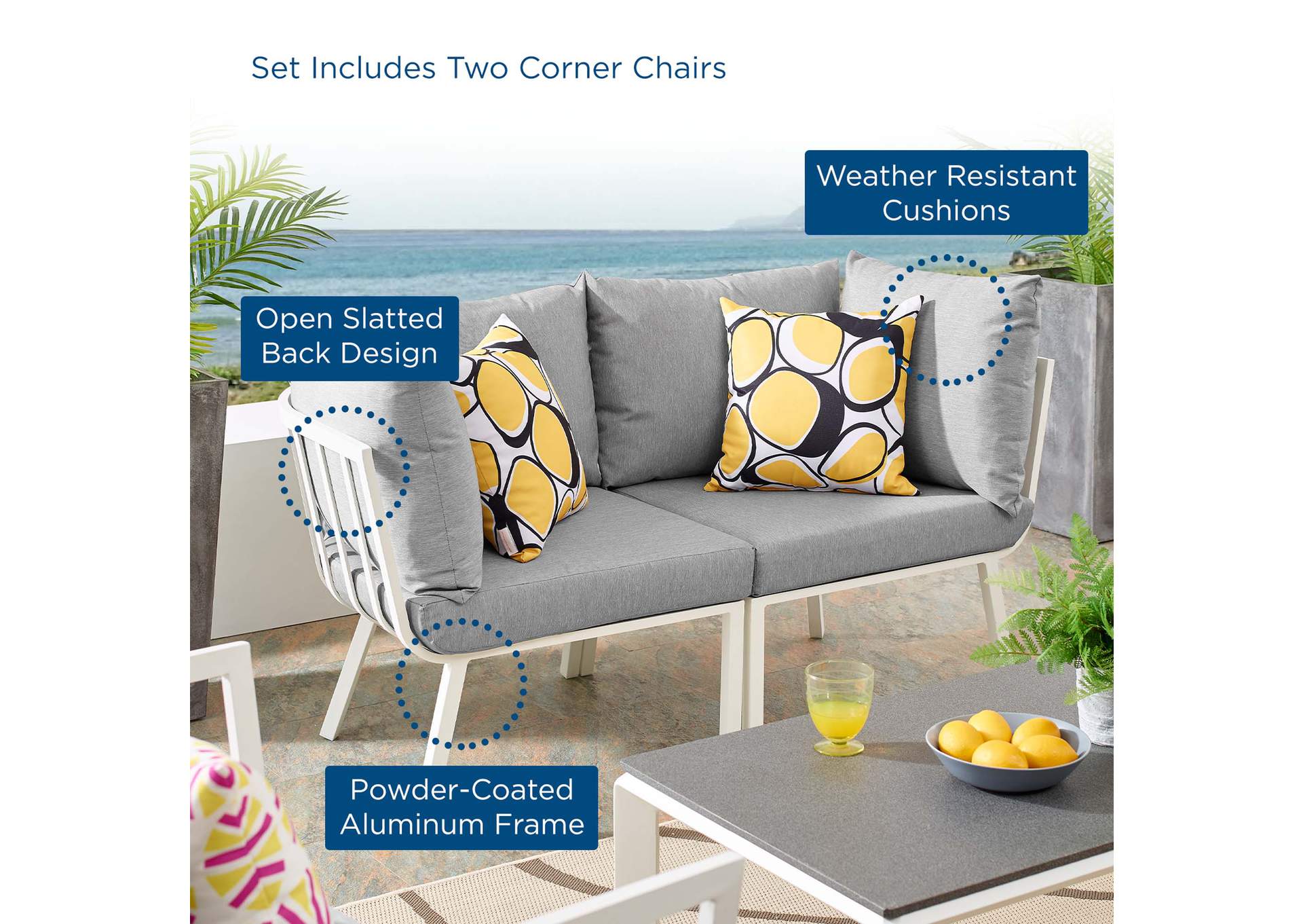 White Gray Riverside 2 Piece Outdoor Patio Aluminum Sectional Sofa Set,Modway