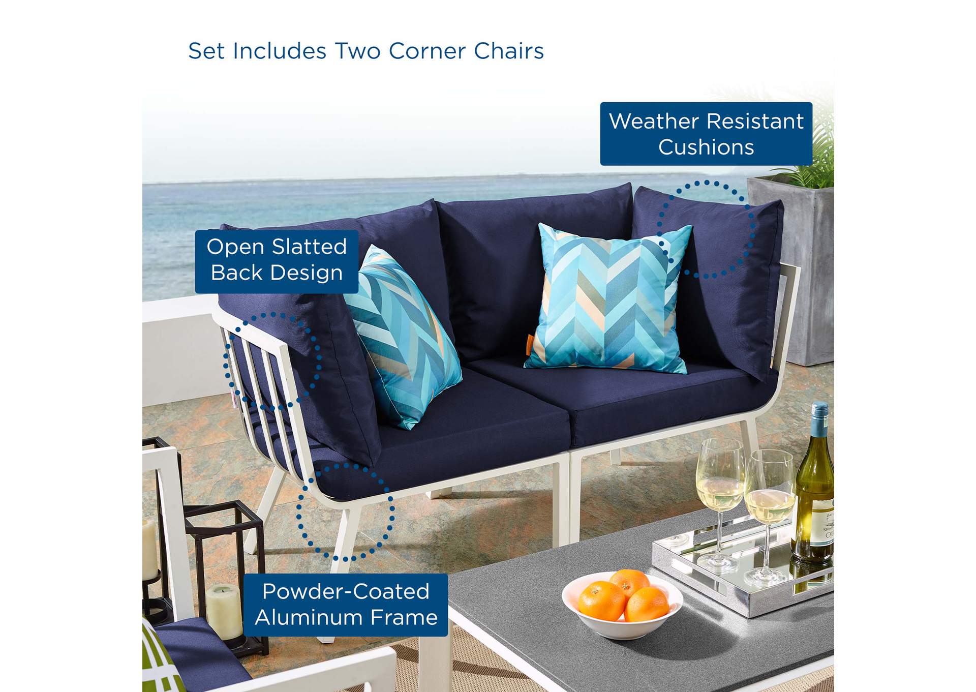 White Navy Riverside 2 Piece Outdoor Patio Aluminum Sectional Sofa Set,Modway
