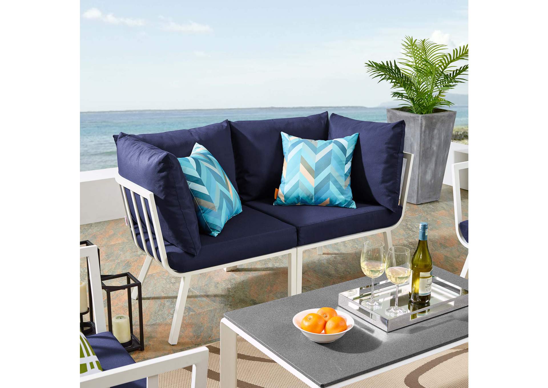 White Navy Riverside 2 Piece Outdoor Patio Aluminum Sectional Sofa Set,Modway