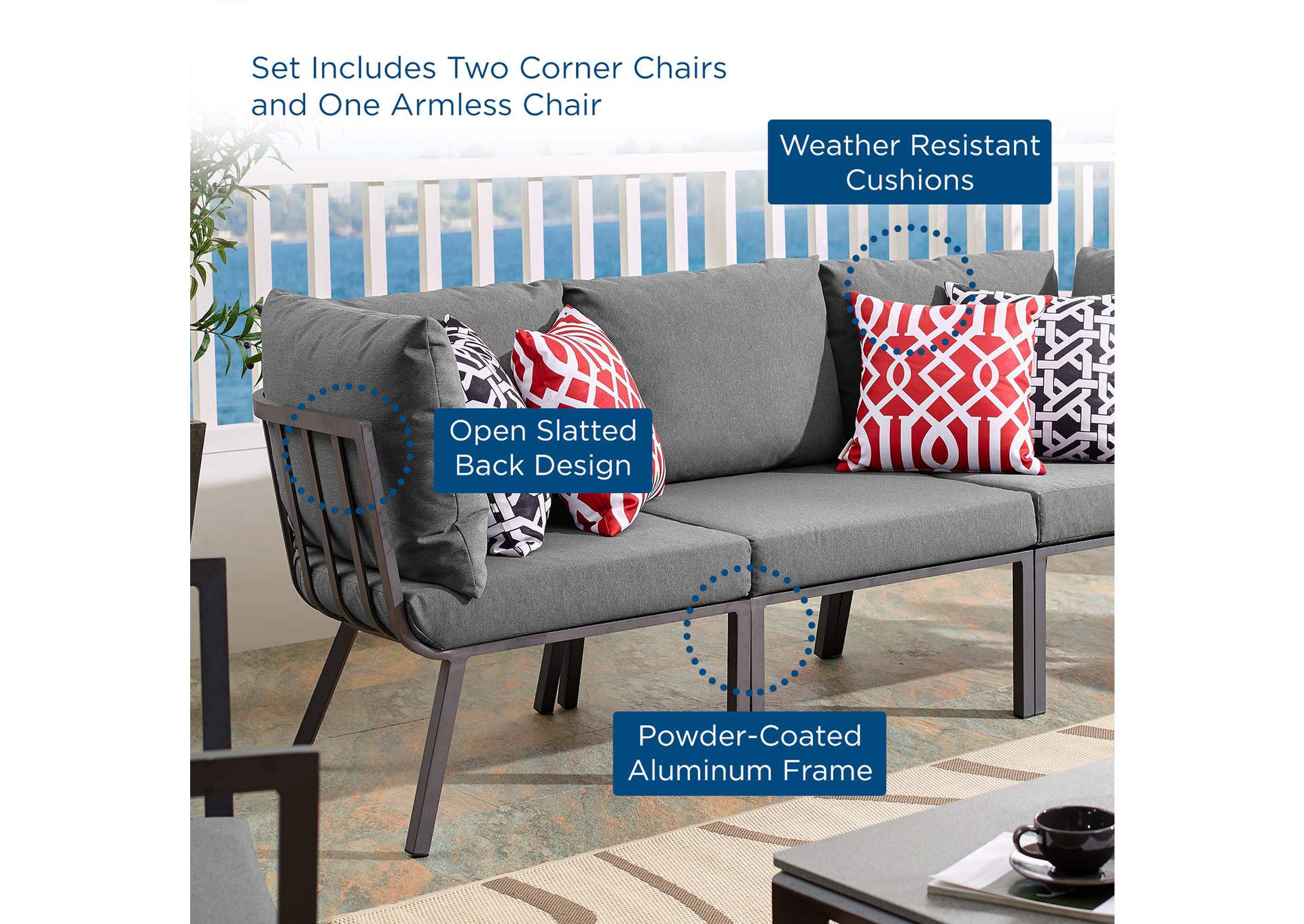 Gray Charcoal Riverside 3 Piece Outdoor Patio Aluminum Sectional Sofa Set,Modway