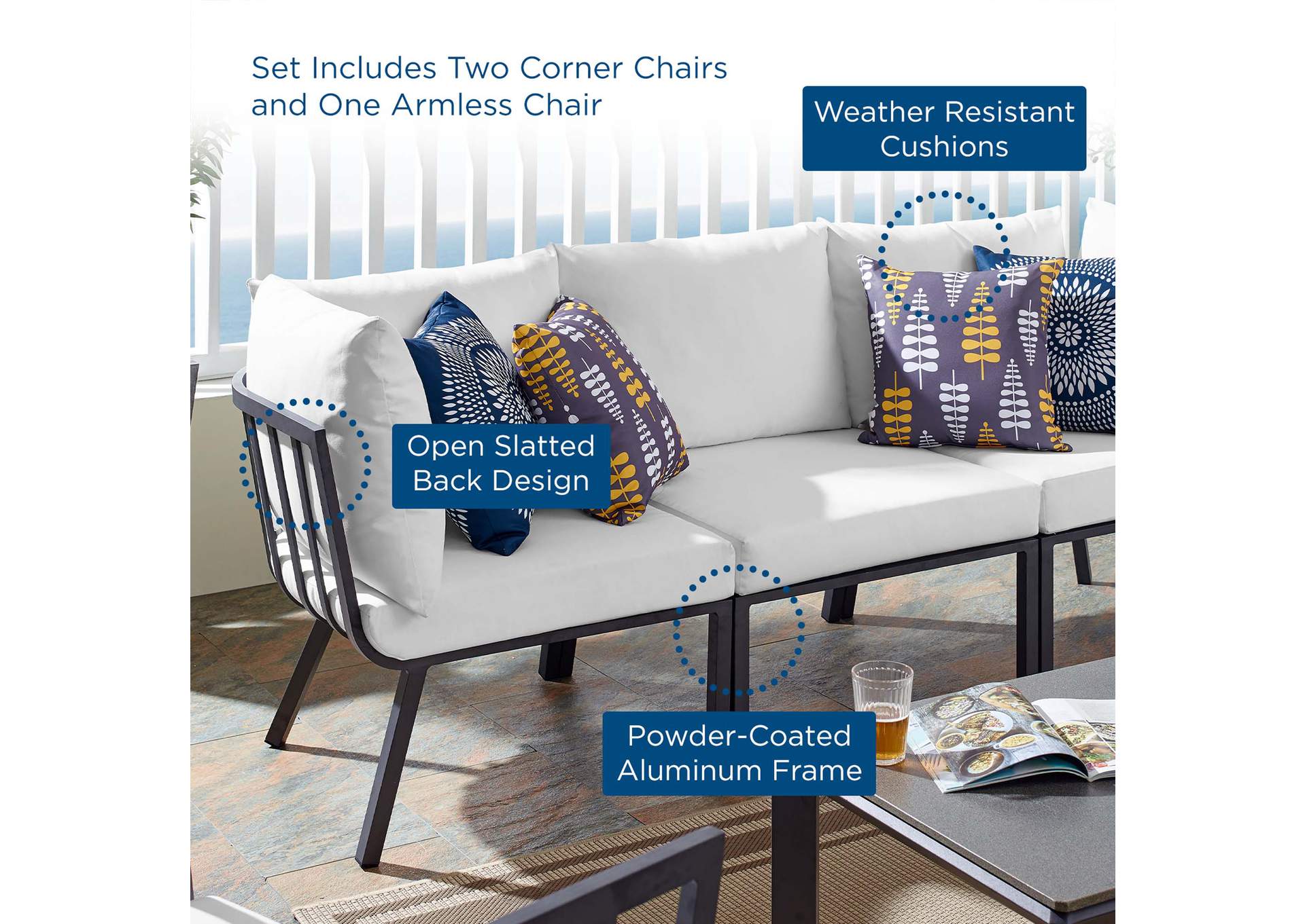Gray White Riverside 3 Piece Outdoor Patio Aluminum Sectional Sofa Set,Modway