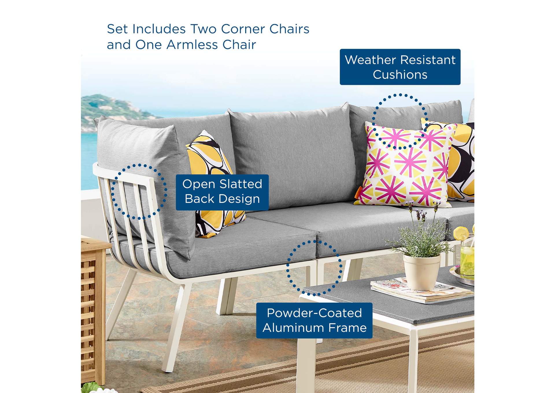 White Gray Riverside 3 Piece Outdoor Patio Aluminum Sectional Sofa Set,Modway