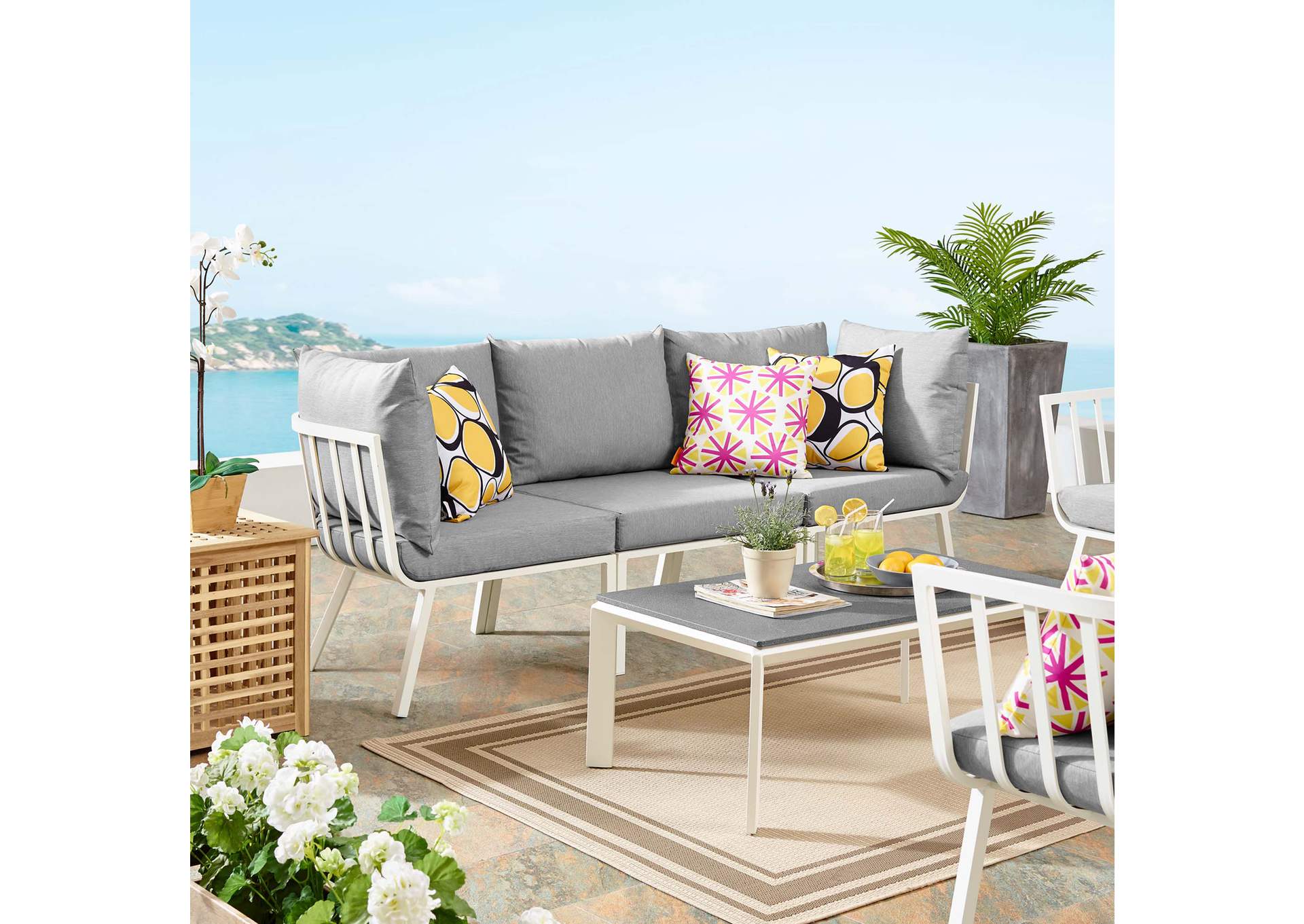 White Gray Riverside 3 Piece Outdoor Patio Aluminum Sectional Sofa Set,Modway