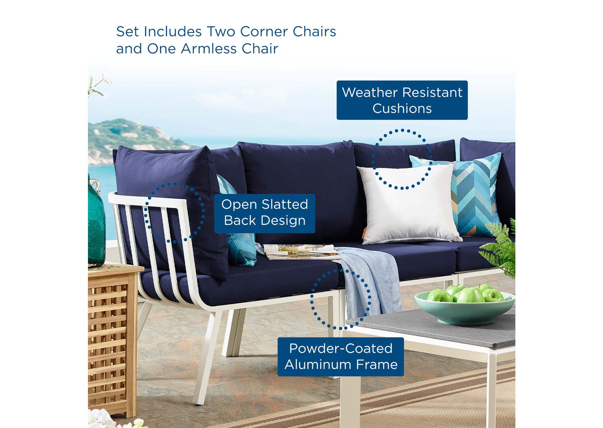 White Navy Riverside 3 Piece Outdoor Patio Aluminum Sectional Sofa Set,Modway