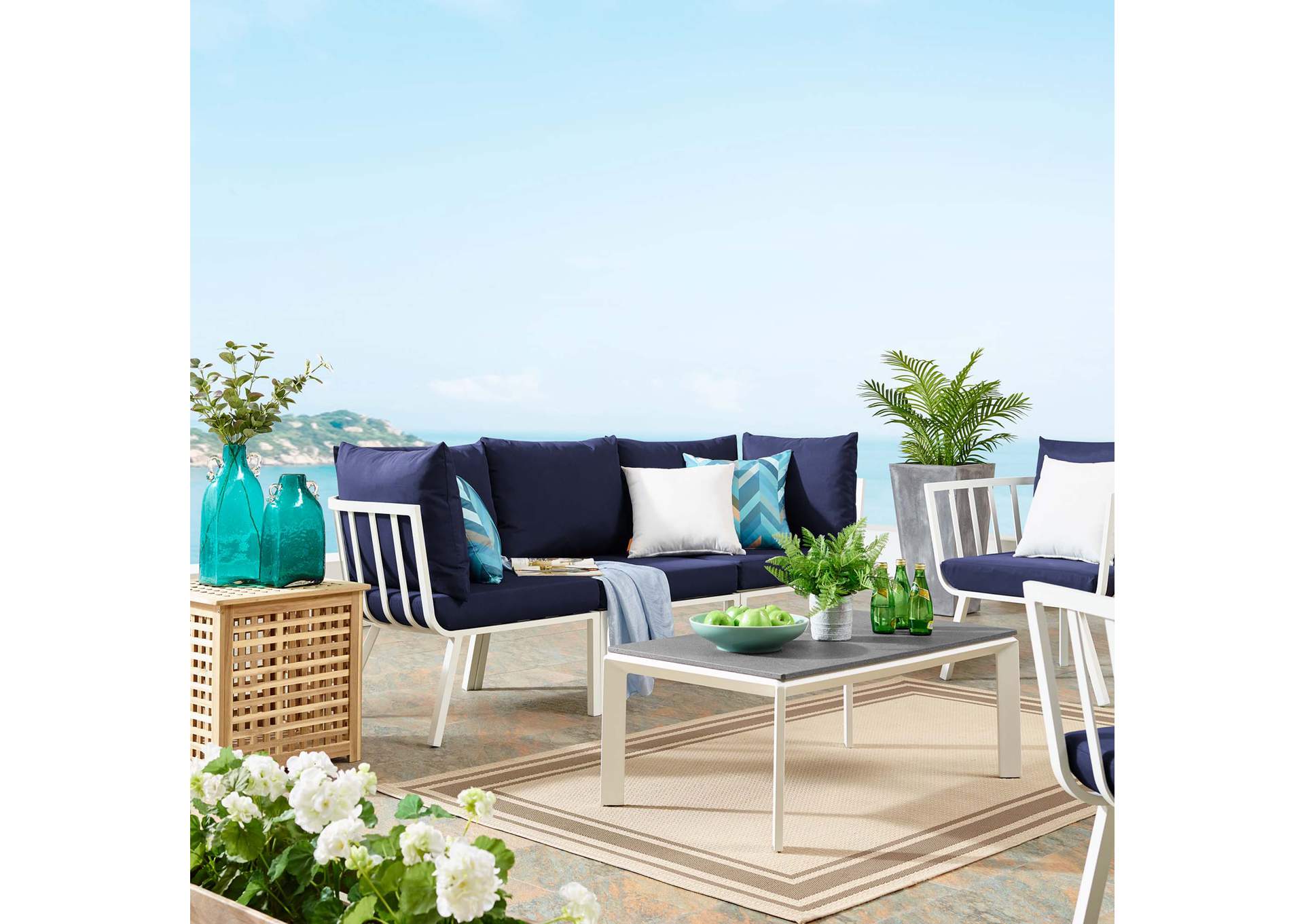 White Navy Riverside 3 Piece Outdoor Patio Aluminum Sectional Sofa Set,Modway
