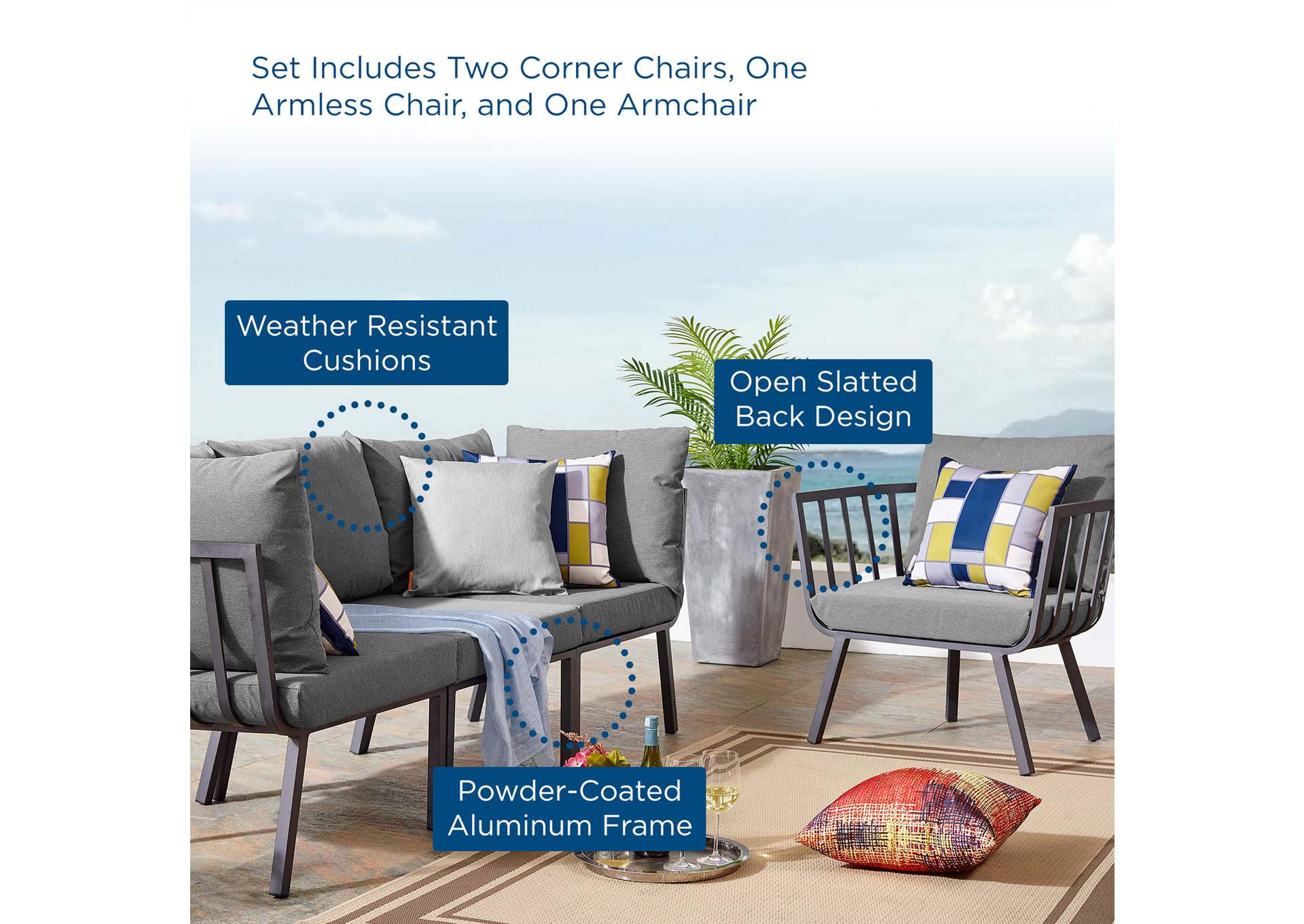 Gray Charcoal Riverside 4 Piece Outdoor Patio Aluminum Set,Modway