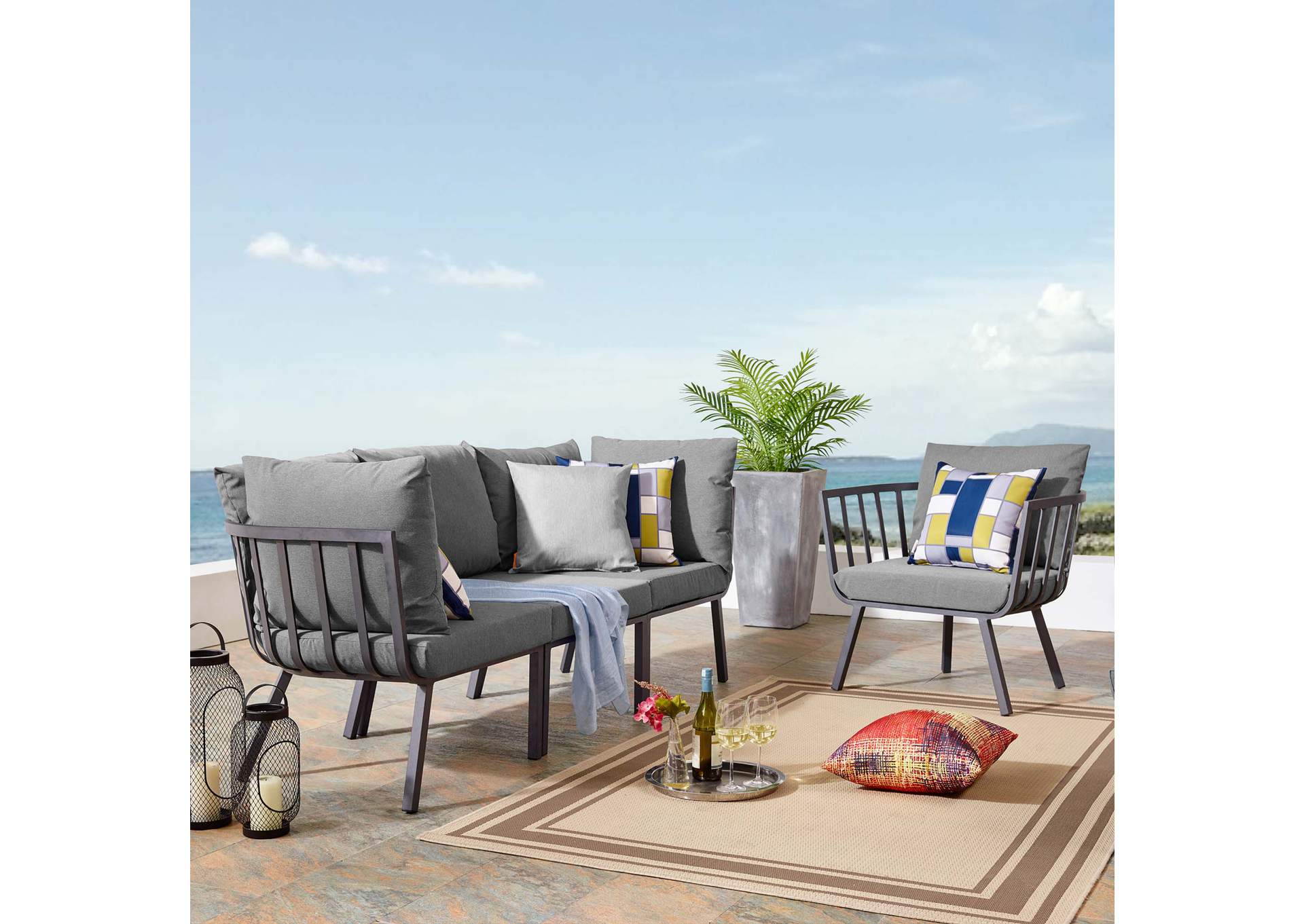 Gray Charcoal Riverside 4 Piece Outdoor Patio Aluminum Set,Modway