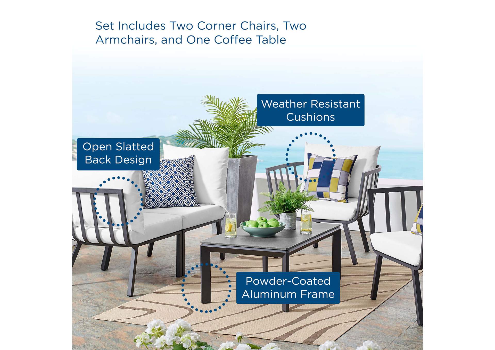 Gray White Riverside 5 Piece Outdoor Patio Aluminum Set,Modway