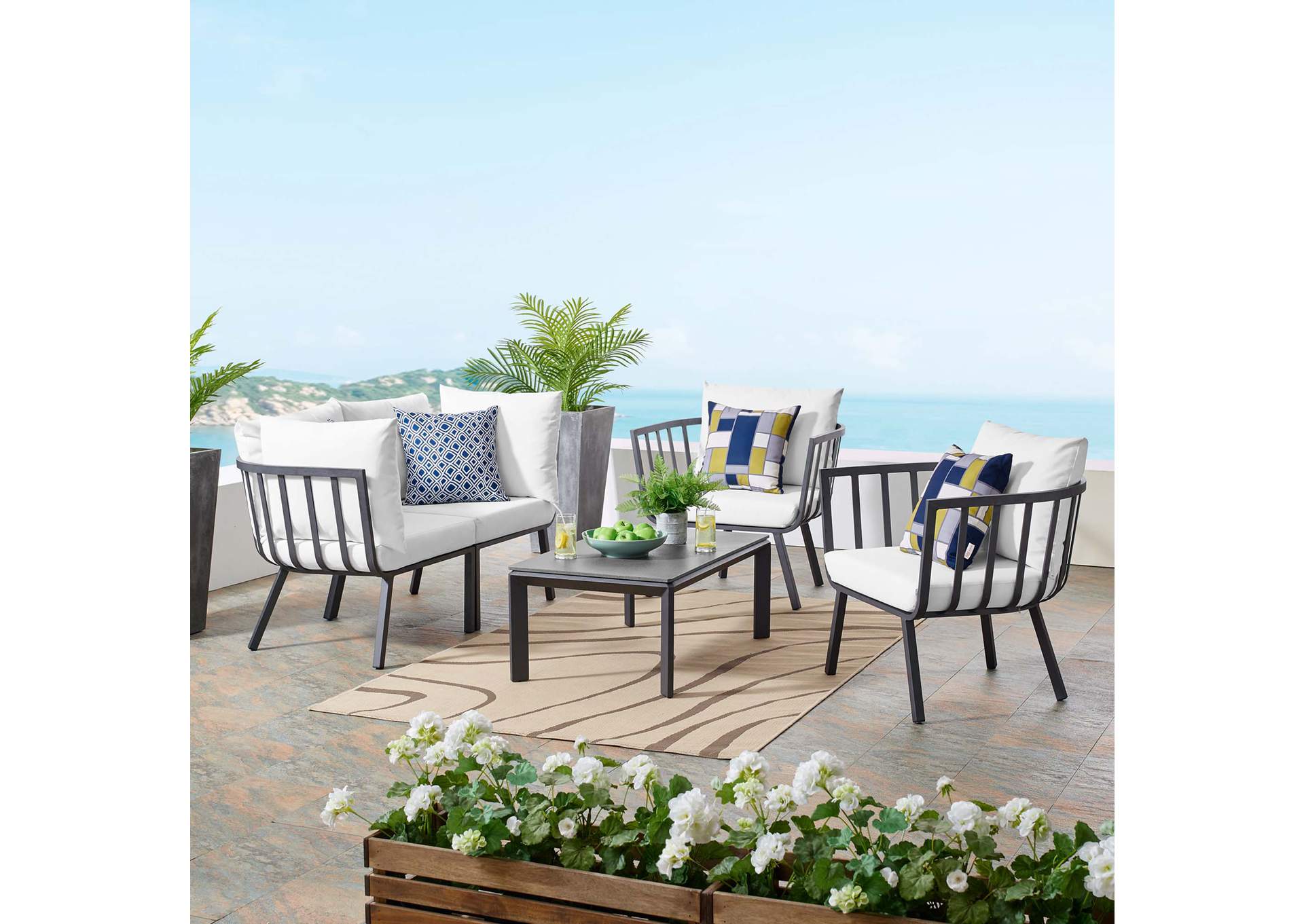 Gray White Riverside 5 Piece Outdoor Patio Aluminum Set,Modway