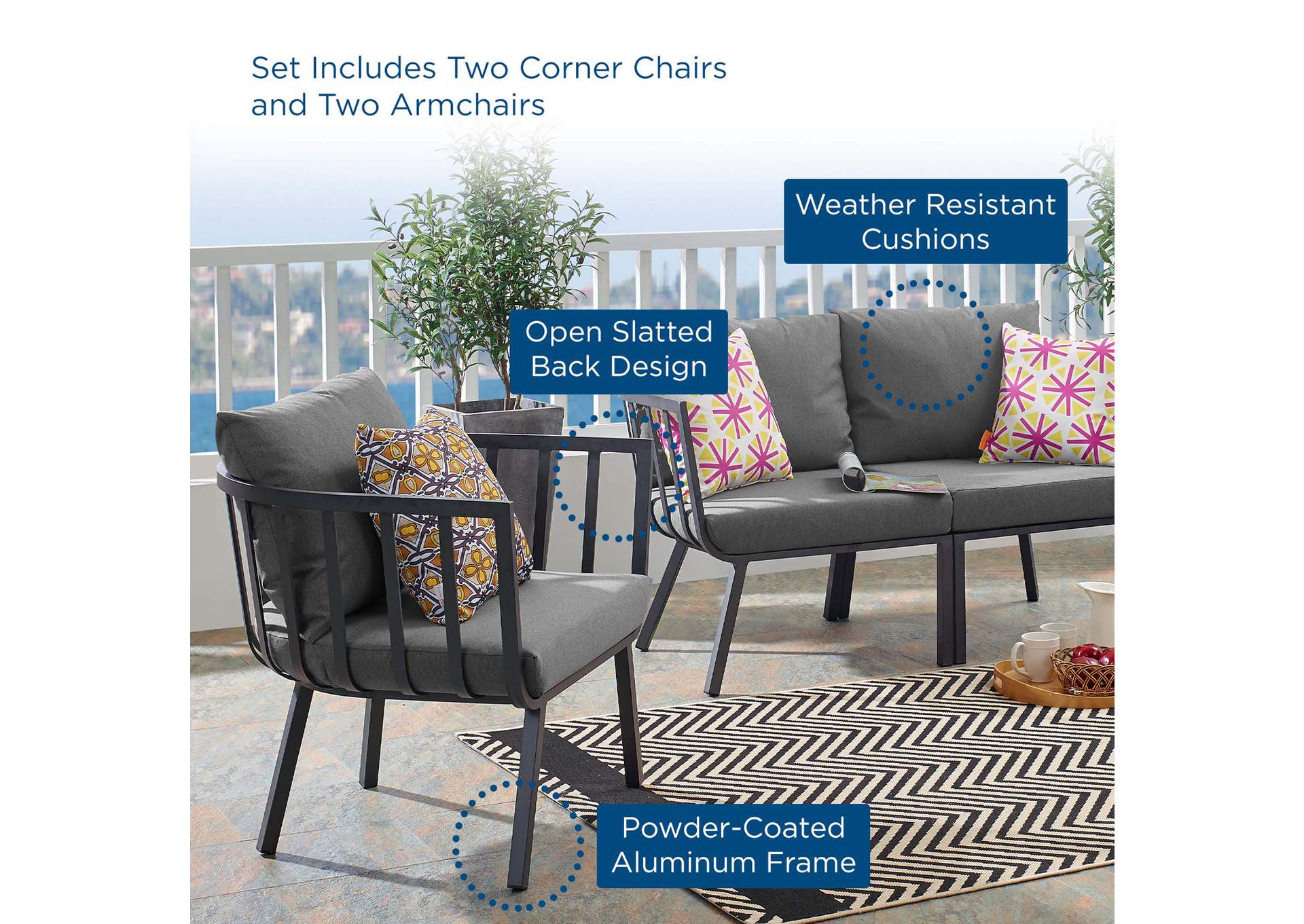 Gray Charcoal Riverside 4 Piece Outdoor Patio Aluminum Set,Modway