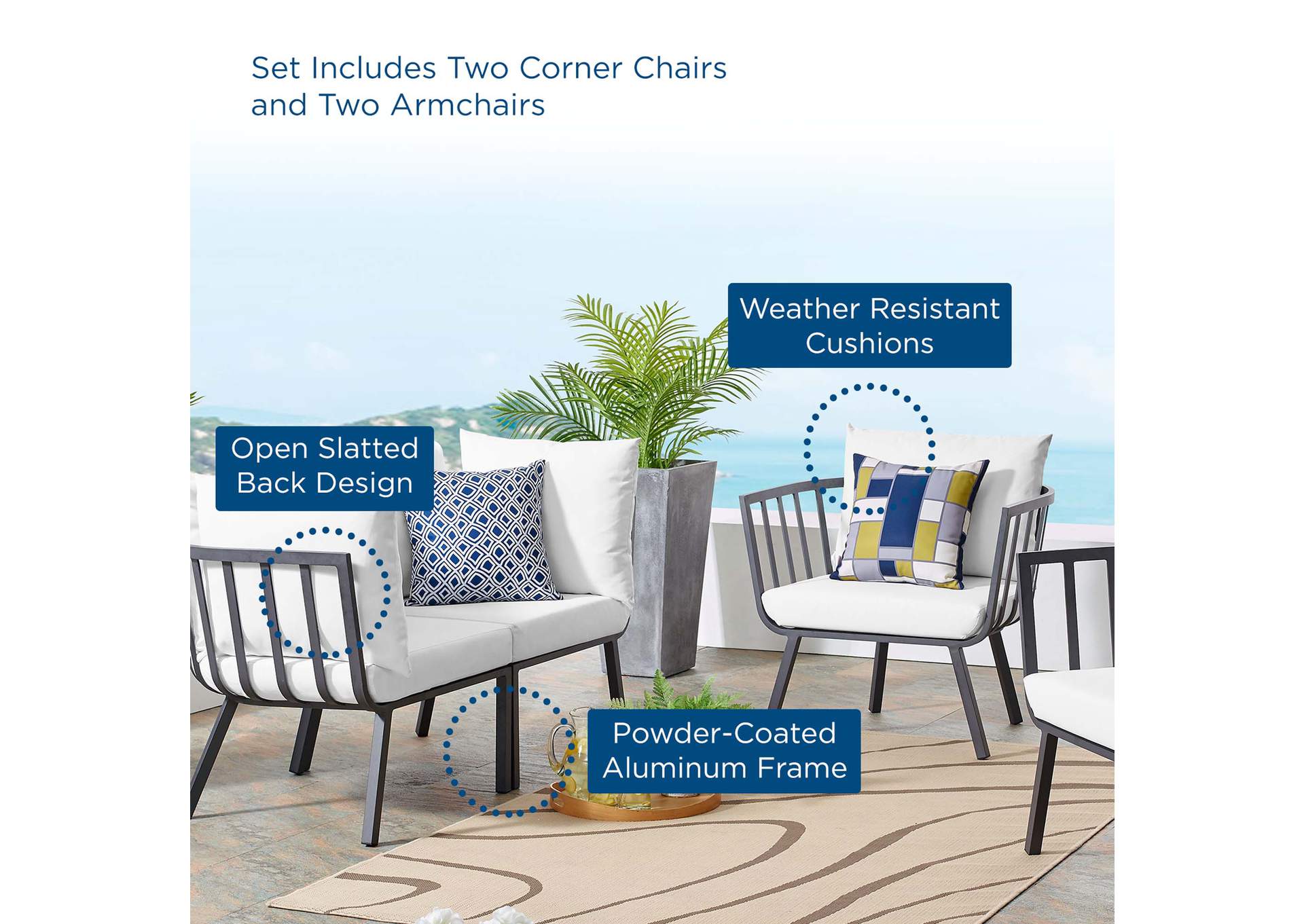 Gray White Riverside 4 Piece Outdoor Patio Aluminum Set,Modway