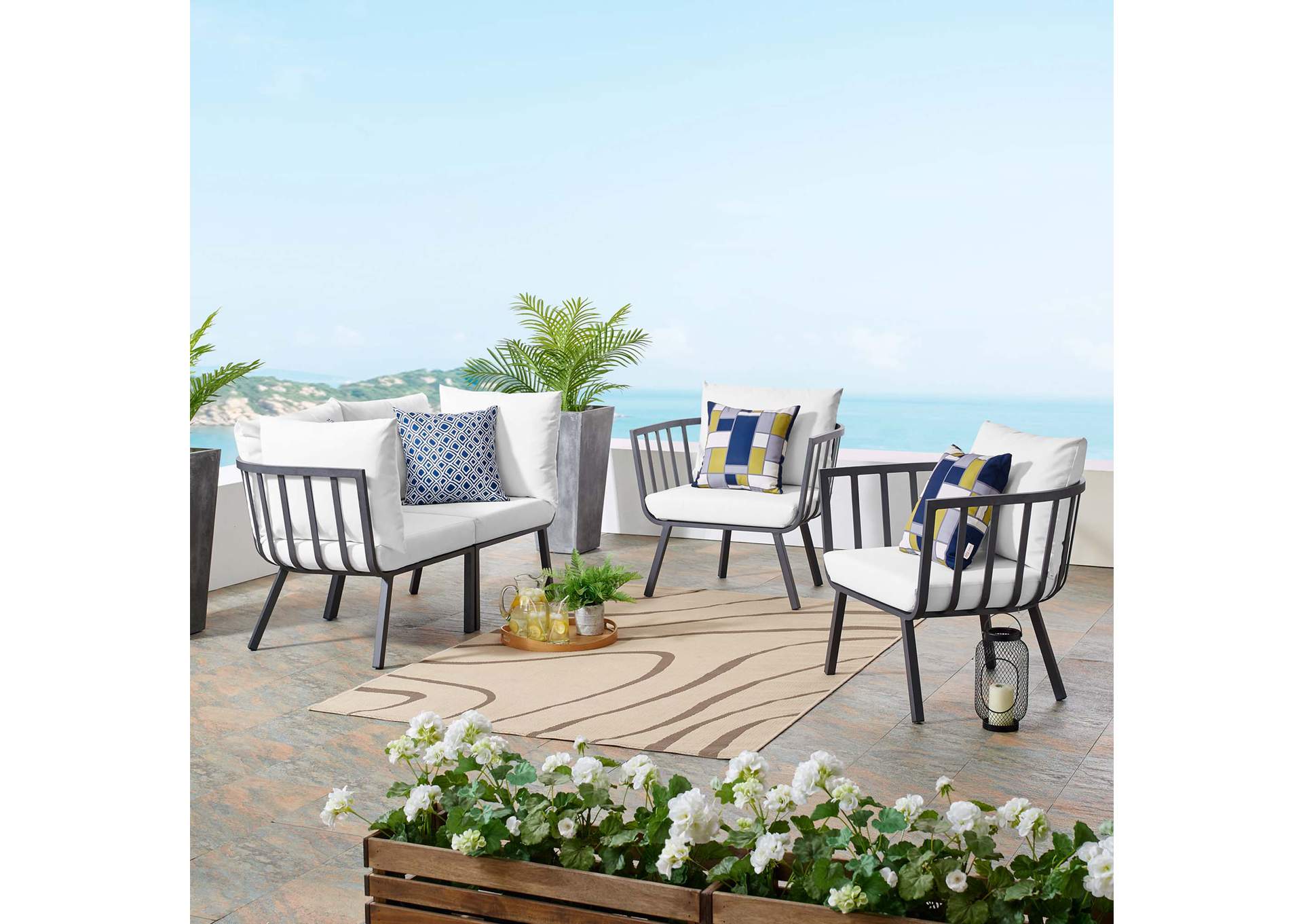 Gray White Riverside 4 Piece Outdoor Patio Aluminum Set,Modway