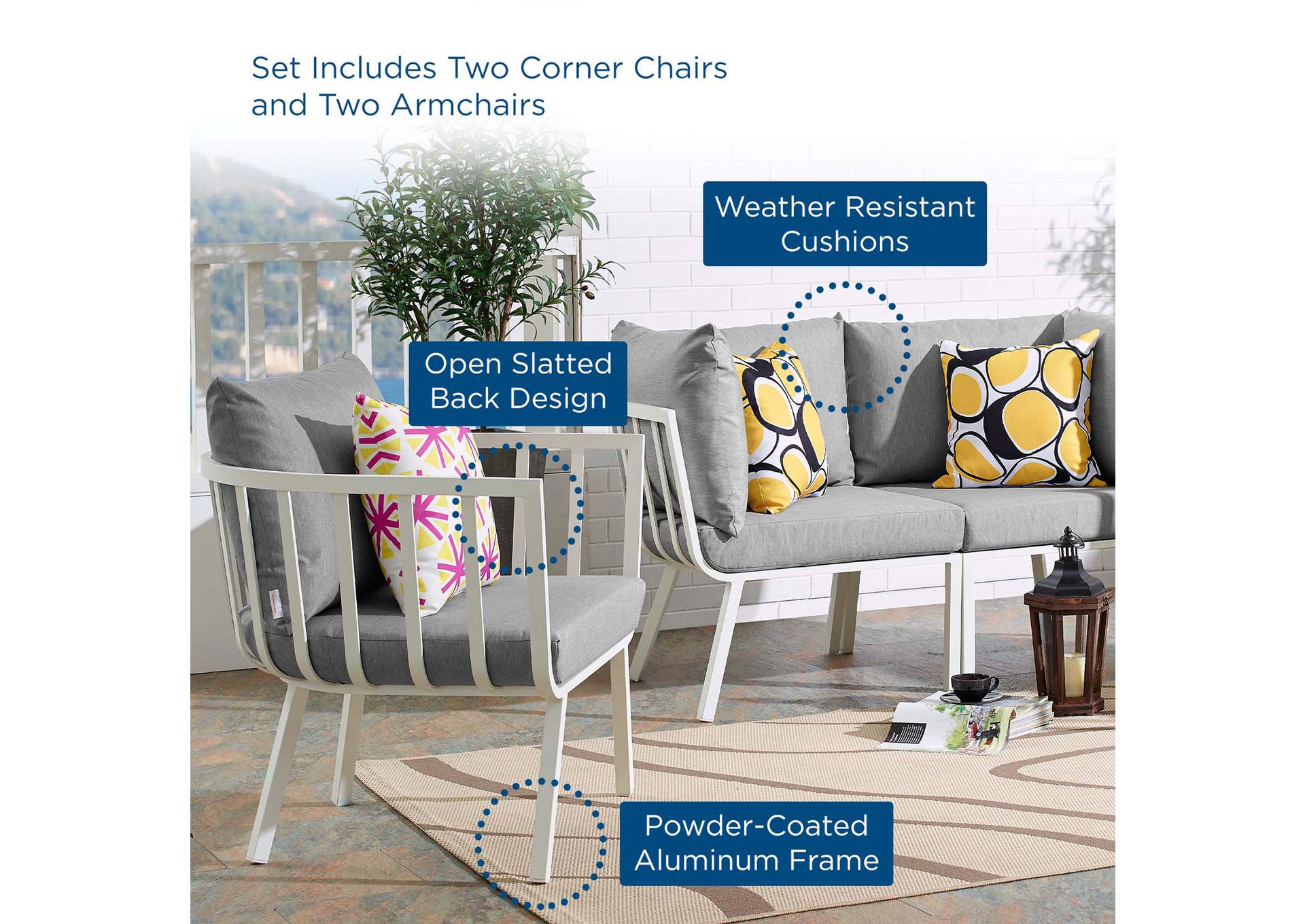 White Gray Riverside 4 Piece Outdoor Patio Aluminum Set,Modway