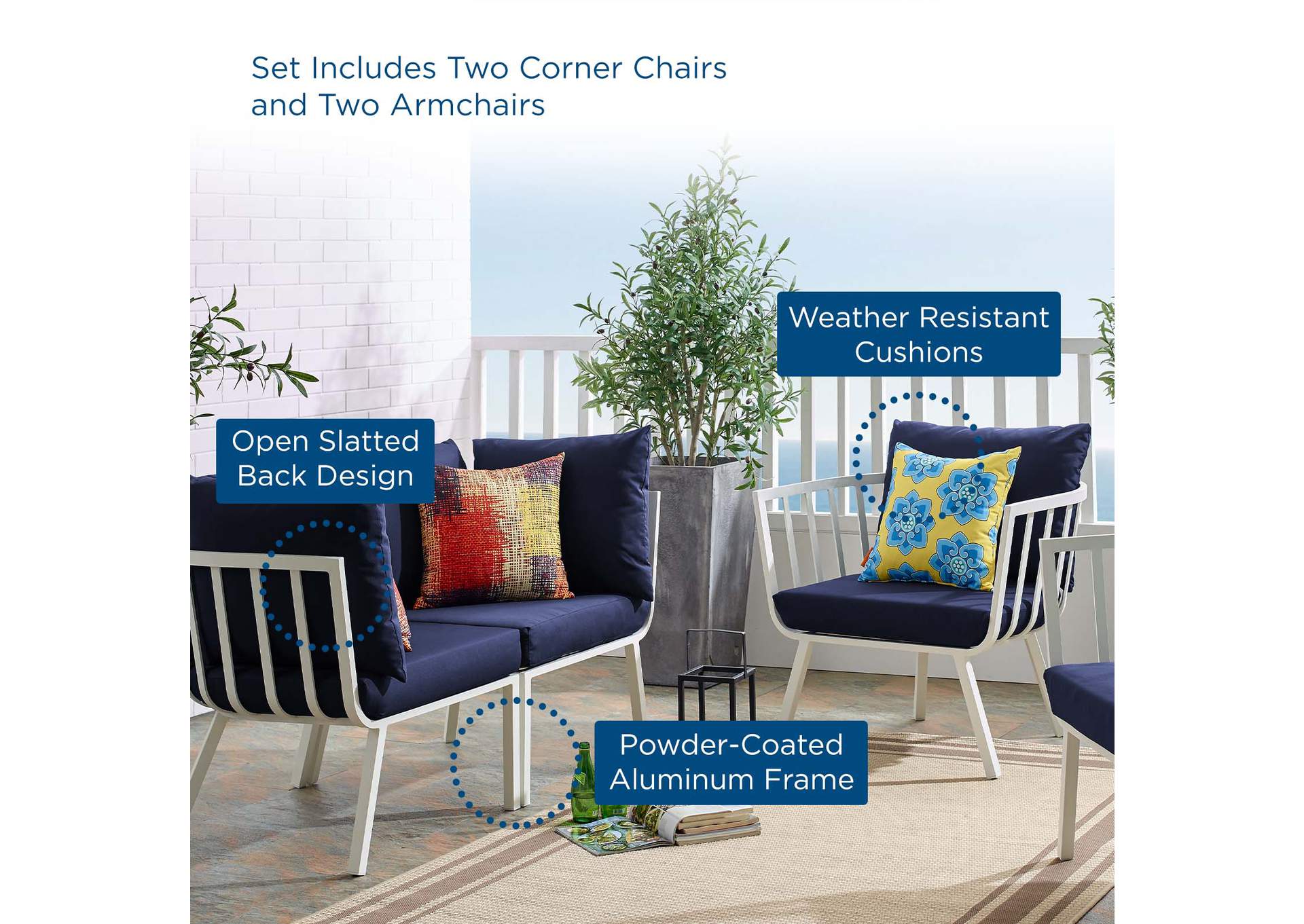 White Navy Riverside 4 Piece Outdoor Patio Aluminum Set,Modway